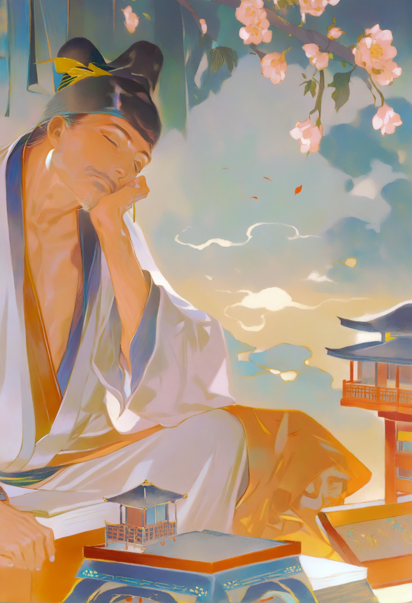 masterpiece, best quality, 1boy, male focus, east asian architecture, solo, architecture, closed eyes, facial hair, flower, sitting, hand up, black hair, hat, long hair, black headwear, head rest, long sleeves, smoke, orange theme, hand on own face, closed mouth, book  <lora:REIKOXLlokr8f-000156:1>