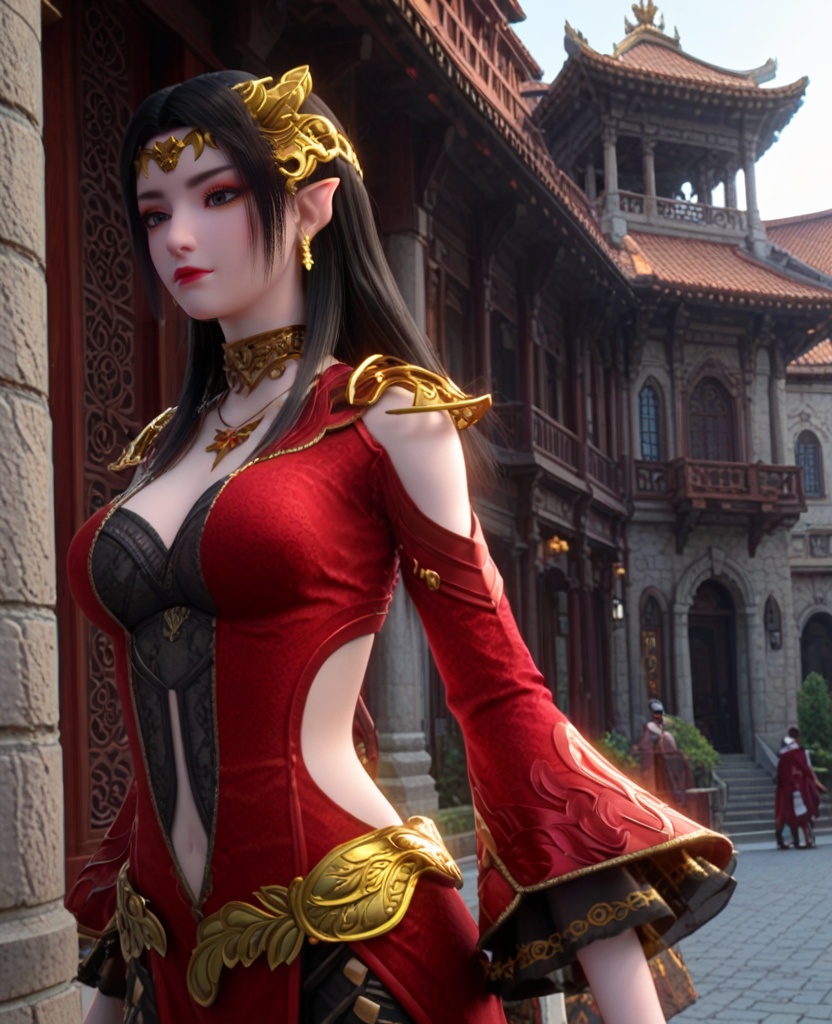 (oriental architecture, elegant decor, sophisticated style:1.1),(hurdle race, jumping over camera:1.1),(breasts:1.2),<lora:XL斗破苍穹美杜莎:0.95>,miss meidusha,lace corset bra paired with red long sleeved slit dress,red long sleeved slit dress,shoulder cutout,double cuffs,black hair,circlet,pointy ears,earrings,shoulder armor,belt,back cutout,lace inner overskirt,long hair,necklace,, score_9,score_8_up,score_7_up,score_6_up,score_5_up,score_4_up,3d rendering,tag1,tag2, Cinematic Lighting,backlighting,