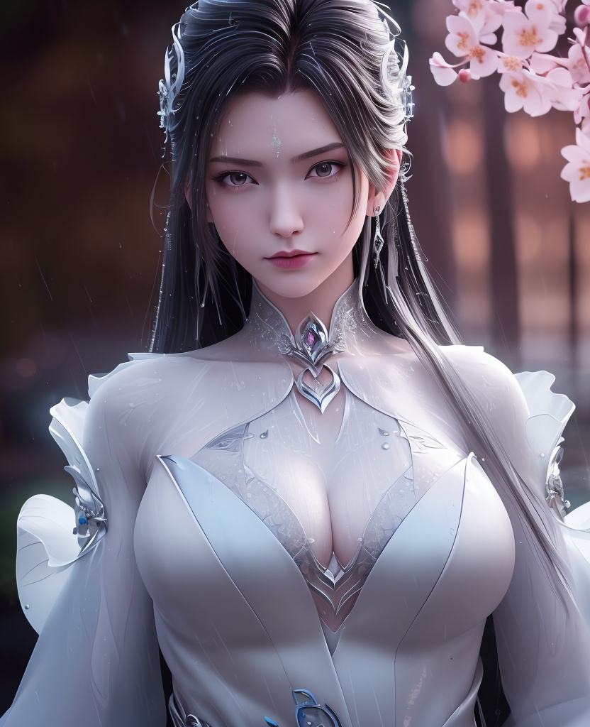 <lora:706-DA-诛仙-陆雪琪-新装束:0.8>(,1girl, ,best quality, ),looking at viewer, ,ultra detailed 8k cg, ultra detailed background,  ultra realistic 8k cg,          cinematic lighting, cinematic bloom, (( , )),,  , unreal, science fiction,  luxury, jewelry, diamond, pearl, gem, sapphire, ruby, emerald, intricate detail, delicate pattern, charming, alluring, seductive, erotic, enchanting, hair ornament, necklace, earrings, bracelet, armlet,halo,masterpiece, (( , )),, realistic,science fiction,mole, ,cherry blossoms,(((, , ultra high res, (photorealistic:1.4), raw photo, 1girl, wet clothes, rain, sweat, ,wet, )))(( , ))   (cleavage), (),