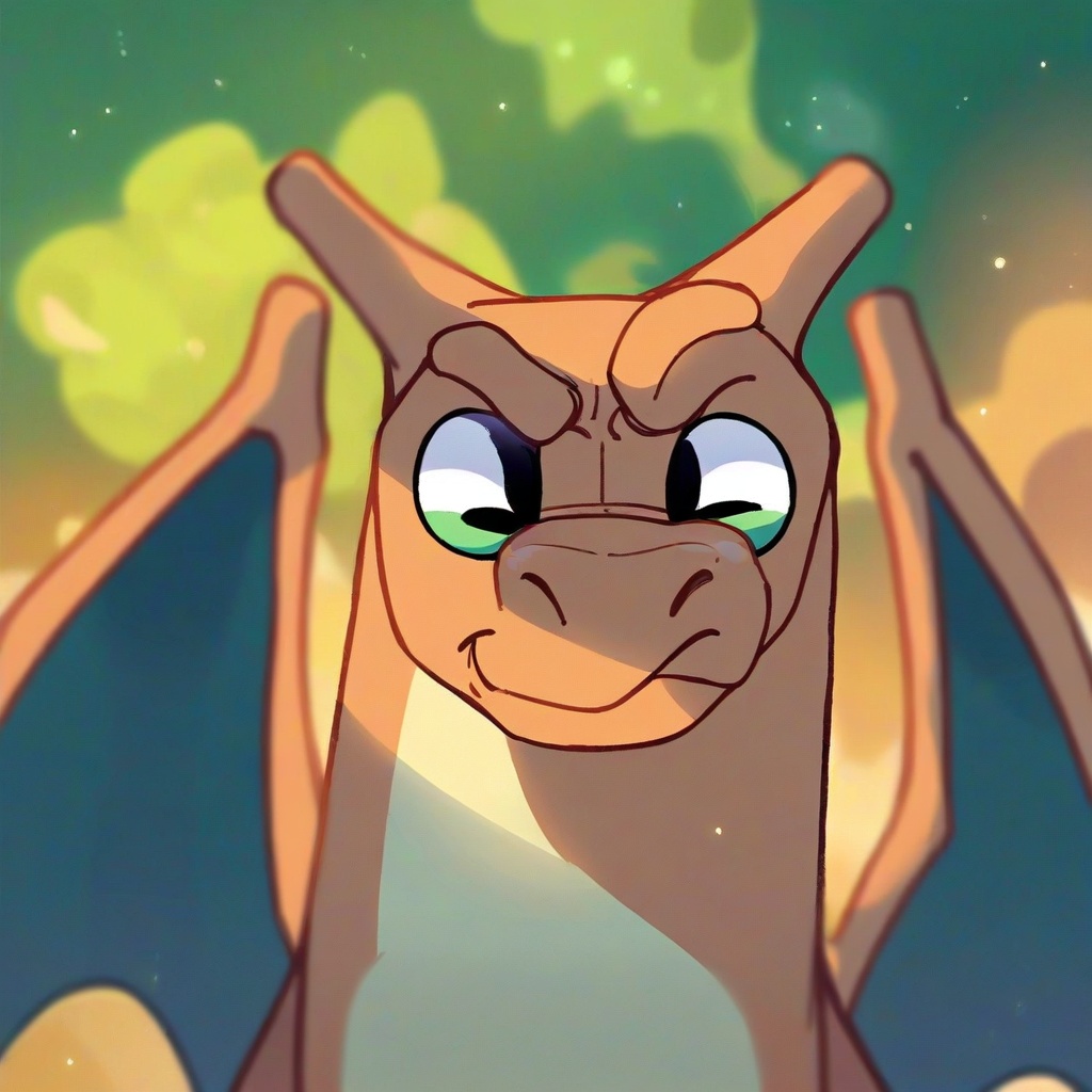 safe_pos, score_9, score_8_up, score_7_up, score_6_up, score_5_up, score_4_up, source_furry, hi res, blurred background, particles, solo, Charizard, looking at viewer, closed mouth, Bluey style