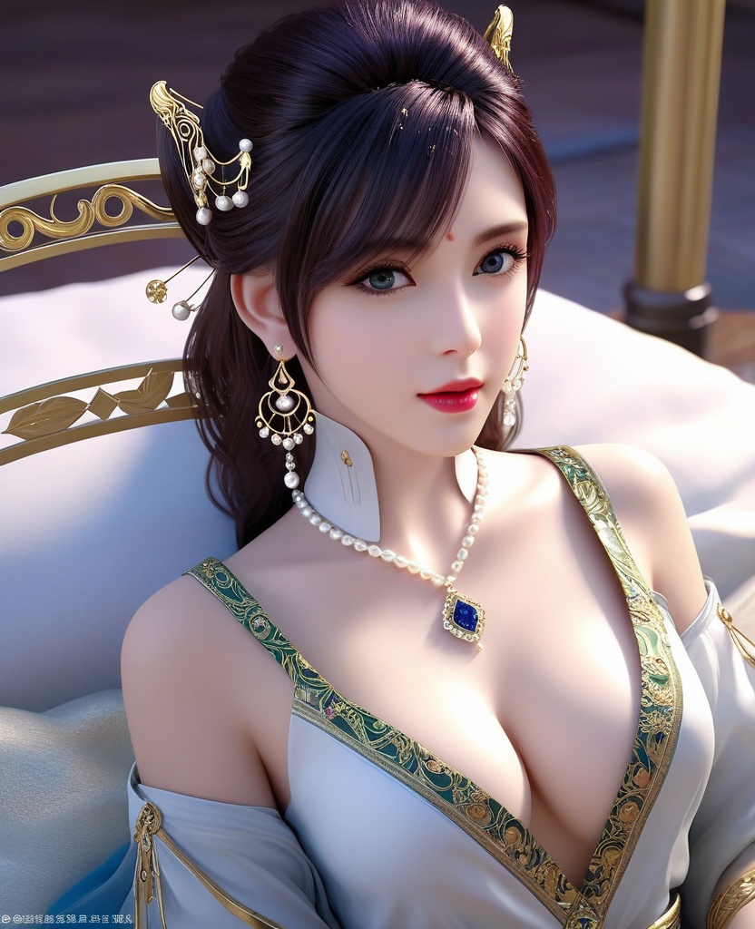 <lora:639-DA-XL-眷思量-须灵犀:0.8>(,1girl, ,best quality, ),looking at viewer,masterpiece, ((((1girl, solo , lying, )))) (cleavage), (), ,ultra realistic 8k cg,   clean, masterpiece,      (( , )),,  , unreal, science fiction, luxury, jewelry, diamond, gold, pearl, gem, sapphire, ruby, emerald, intricate detail, delicate pattern, charming, alluring, seductive, erotic, enchanting, hair ornament, necklace, earrings, bracelet, armlet,halo,(cleavage),, (),