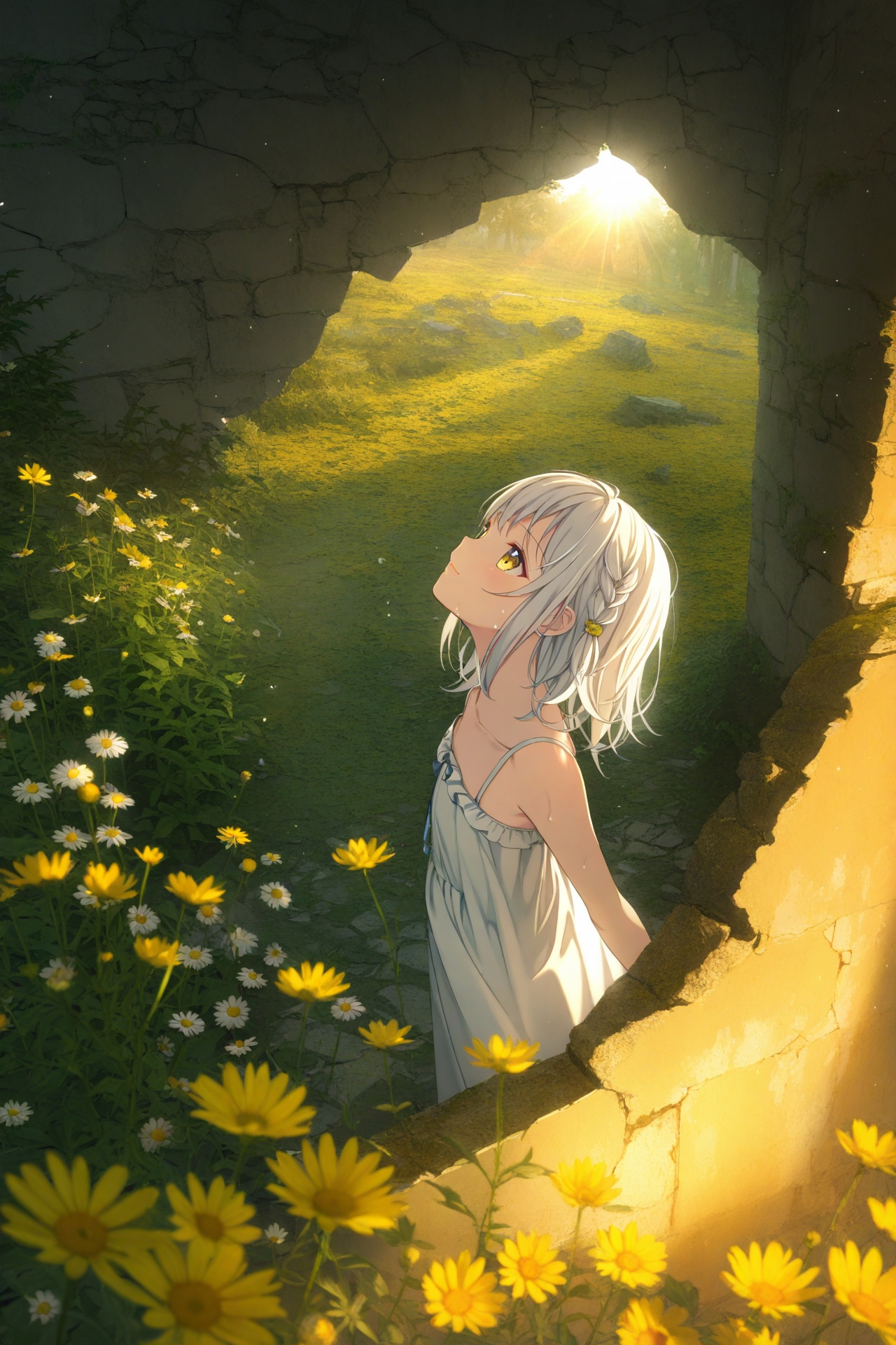 (masterpiece),(best quality),illustration,ultra detailed,hdr,Depth of field,(colorful),loli,yellow theme,the setting sun,Chamomile,Chamomile,cornflower,vines,forest,ruins,lens flare,hdr,Tyndall effect,damp,wet,1girl,bare shoulders,broken glass,broken wall,white hair,white dress,braid,white robe,closed mouth,looking up,standing,medium hair,standing,solo,