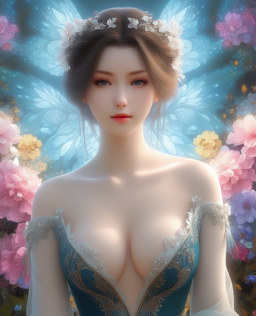 <lora:592-DA-XL-星辰变-姜立:0.8>(,1girl, ,best quality, ),looking at viewer,,anime,(masterpiece, top quality, best quality, official art, beautiful and aesthetic:1.2), (1girl)	, , (cleavage),extreme detailed,(fractal art:1.3),colorful, flowers ,highest detailed,(by Jeremy Lipking)    (cleavage), (),