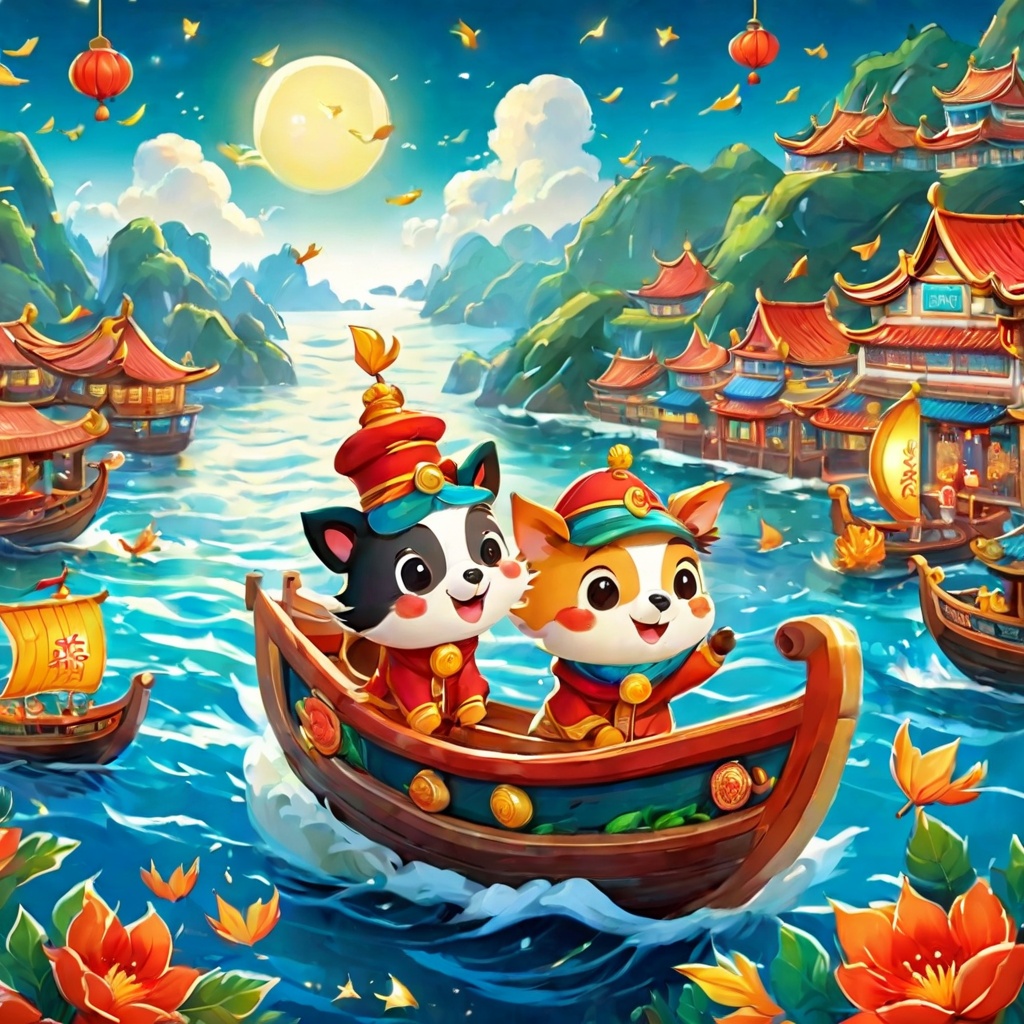 boat on the sea,poakl cartoon newyear style,best quality,masterpiece,<lora:poaklSDXLcartoonnewyearV2-000007:0.6>,