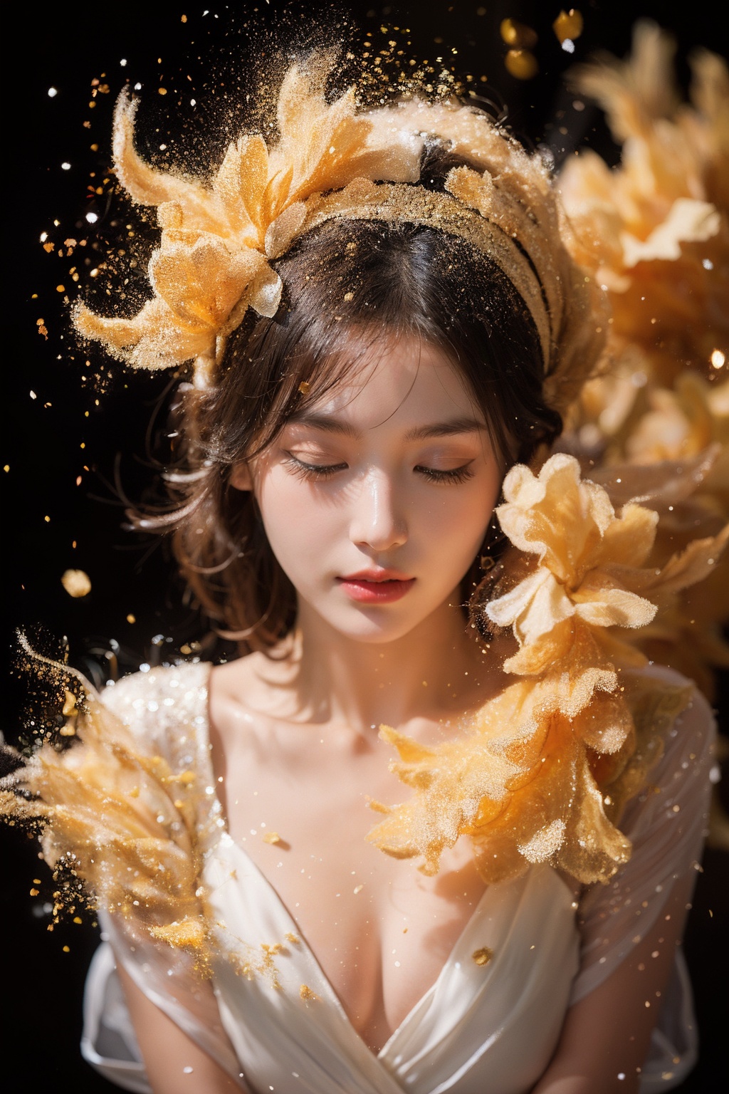 (1girl:1.1),stars in the eyes,(pure girl:1.1),(full body:0.6),There are many scattered luminous petals,contour deepening,white_background,cinematic angle,gold powder,<lora:jin_20231226224140-000003:0.7>, 