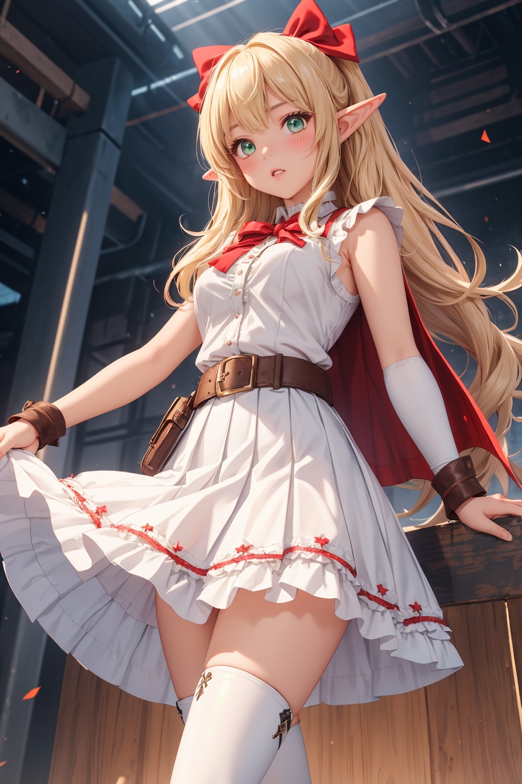 best quality，(masterpiece:1.3),cowboy shot,ultra-detailed,solo,1girl, arisa \(shadowverse\), from below,long hair, bangs, ribbon, pointy ears, hair ribbon, elf, blush, blonde hair, red ribbon, hair between eyes, green eyes, skirt, sleeveless, dress, bare shoulders, shirt, belt, sleeveless shirt, thigh boots, white skirt, frills, brown footwear, pleated skirt, miniskirt, sidelocks, blue shirt, sleeveless dress, white dress, short dress, red cape, brown belt, buckle, red bow, knee boots, high heels, armlet