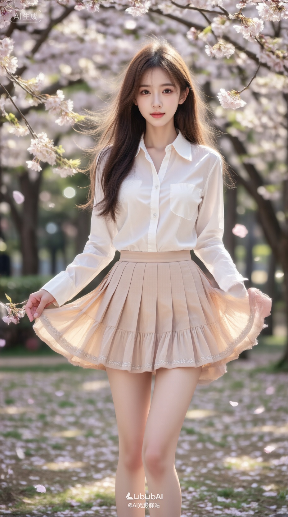 千问佳人,真人美女真实摄影照片,去AI 感,极具视觉冲击力的精致壁纸风,18 岁初恋感少女,浅杏色百褶短裙(裙摆有32 道清晰褶皱,裙边绣米白色细边),完美身材(腰臀比0.7,双腿笔直纤细,肩线流畅),场景:春日樱花林(粉白樱花满枝,地面铺浅粉色花瓣,背景虚化有光斑),姿势:侧身站立,右手轻提百褶裙裙摆,左手自然垂落触碰花瓣,抬头直视镜头,眼神清澈带浅笑,镜头参数:索尼A7R5 相机,50mm F1.4 定焦镜头,ISO 100,快门1/500s,光圈F1.4,自然光(侧逆光,面部补光柔和),细节:发丝带细碎樱花,浅棕色长发微卷垂肩,白衬衫领口微敞,锁骨清晰,小腿肌肤细腻有自然光泽, Negative prompt: EasyNegative,nsfw,,nsfw, Steps: 20, Sampler: Euler, CFG scale: 4.0, Seed: 2446673369, Size: 928x1664, Model hash: 98763a1277, Model: Qwen-Image_1.0.safetensors, Denoising strength: 0, RNG: CPU, Lora 1: qwen千问佳人, Lora Hash 1: ac0e909e71, Lora Weight 1: 1.0, vae_name: automatic