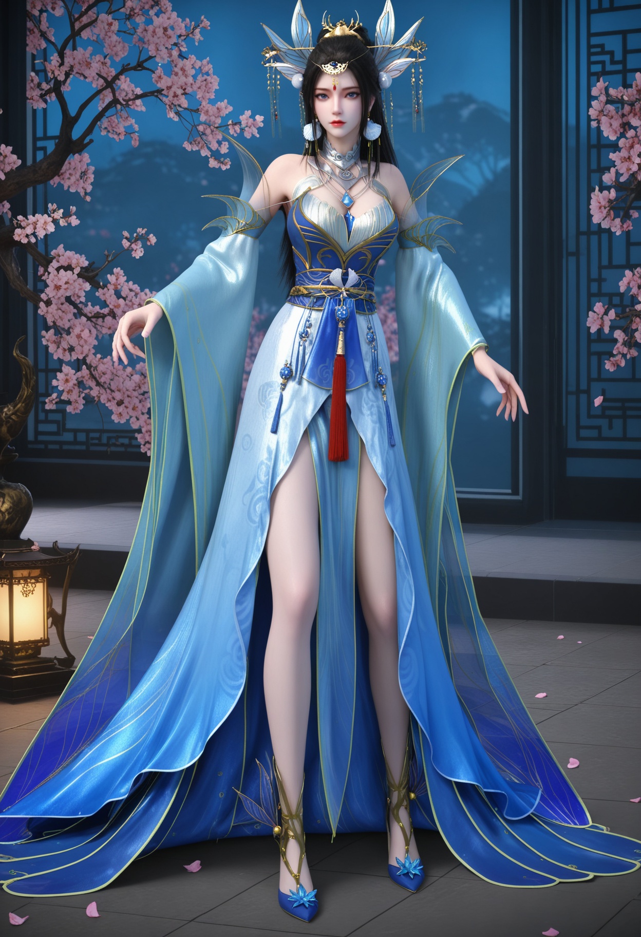 (standing full_body:1.1),(looking at viewer:1.1),masterpiece,(best quality),smog,Dark room,dim lighting,peach blossom,falling petals,<lora:YQ_Illustrious光辉v5_楚宣_V1:0.8>,q1528437228,1girl,solo,hair ornament,black hair,long hair,jewelry,dress,earrings,blue dress,chinese clothes,detached sleeves,blue eyes,sash,necklace,high heels,hair bun,tiara,blue footwear,brown hair,forehead mark,wide sleeves,long sleeves,pantyhose,ponytail,detached collar,collar,thighs,gold footwear,