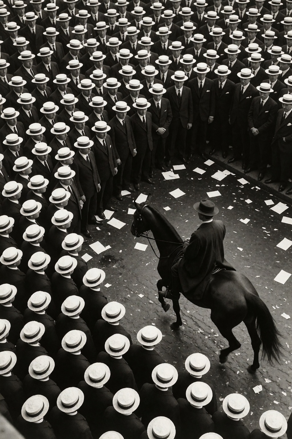 A high-angle,  black-and-white archival photograph captures a dense crowd of men in dark suits and light flat-brimmed boat...