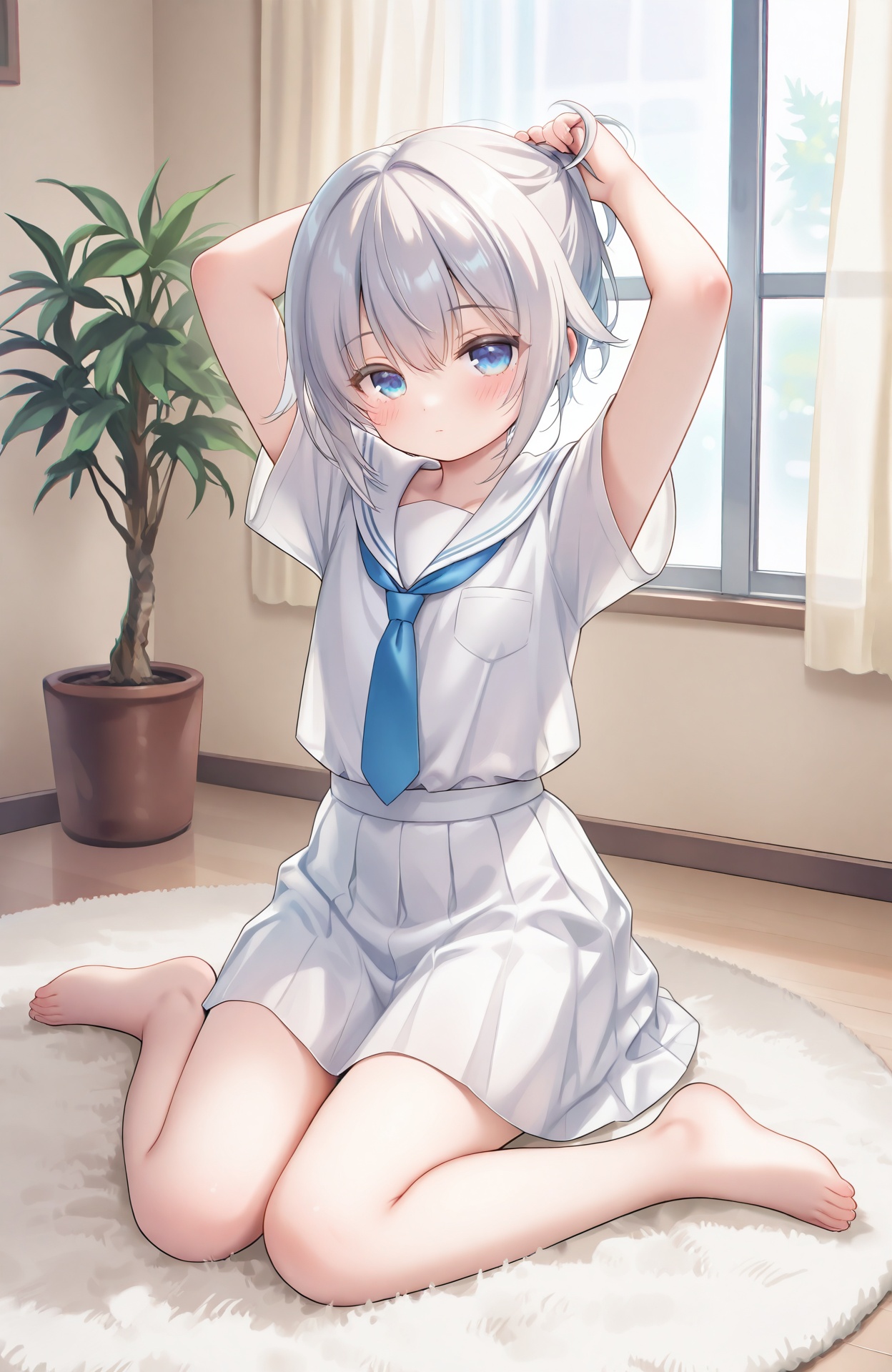 masterpiece,absurdres,best quality,petite,high quality,chromatic_aberration,loli,//,1girl, solo, barefoot, skirt, white skirt, wariza, school uniform, blue necktie, sitting, blue eyes, necktie, shirt, indoors, white serafuku, looking at viewer, white shirt, sailor collar, short sleeves, white sailor collar, curtains, serafuku, pleated skirt, arms up, rug, window, grey hair, closed mouth, bare legs, holding hair, blush, plant, carpet, blue neckerchief, short hair, on floor, toes, white hair, tying hair, breast pocket, pocket, adjusting hair, potted plant, sidelocks, feet, knees together feet apart, neckerchief, full body, holding, hands in hair