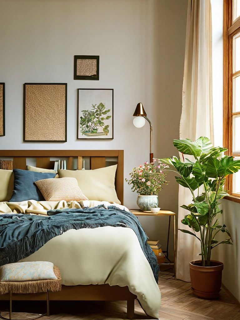 XCYP HOME,cream style heige,no humans,scenery,bed,lamp,plant,indoors,curtains,pillow,couch,window,sunlight,bedroom,potted plant,table,book,flower pot,a bedroom with a bed,desk,and a chair in it with a plant on the side of the bed,Carol Bove,soft lights,a 3D render,light and space,unreal engine 5 highly rendered,a digital rendering,cloisonnism highly detailed digital painting,an ultrafine detailed painting,modern european ink painting,photography,photos,depth of field,8K,high definition details,extreme clarity,