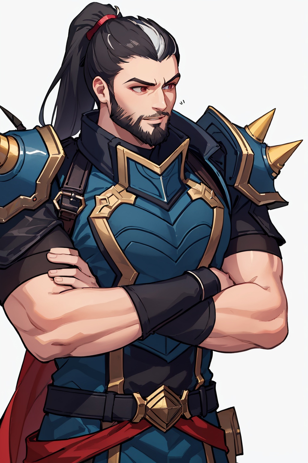 masterpiece,best quality, highly detailed, darius (league of legends),male focus, ponytail, crossed arms, shoulder armor, smile, 1boy, o-ring, muscular, sword, beard, simple background, white background, spikes, 2boys,<lora:darius_(league_of_legends):1>