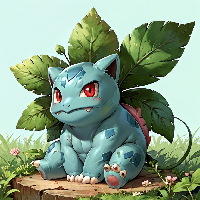 (ivysaur:1.1),score_9,score_8_up,score_8_up,source_furry,bud,a pink bud on the back,red eyes,green body,full body,simple background,(Green leaves on the back:0.8),(vines:0.6),3 toes,<lora:ivysaur:0.9>,pokemon \(creature\),claws,sitting,