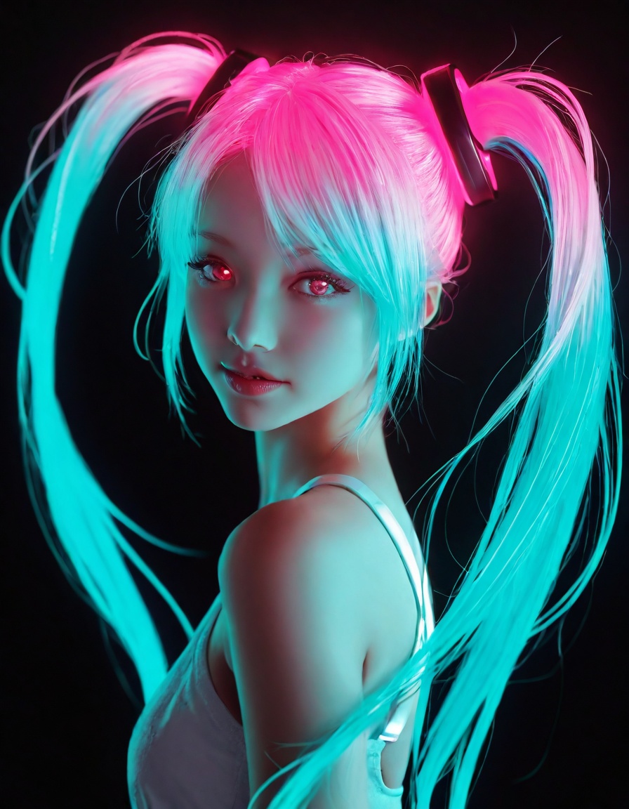 Hatsune Miku,limited palette,black background,vibrant,glowing outline,blacklight,looking at viewer,masterpiece,very aesthetic,from side,