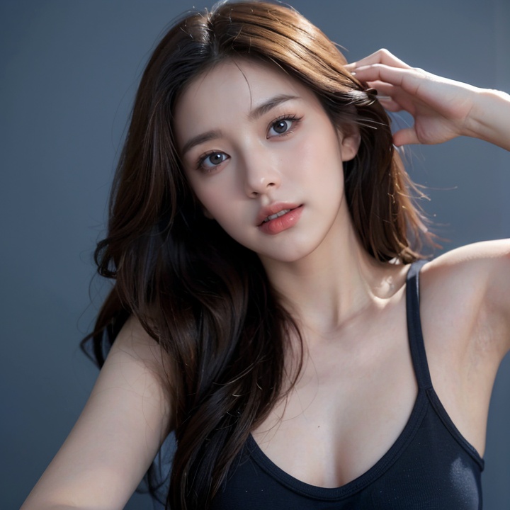 front angle,(8k, best quality, masterpiece:1.2),(realistic, photo-realistic:1.37),ultra-detailed,(looking_at_viewer:1.4),(eye-contact:1.4),1girl, solo, looking_at_viewer, realistic, blue_background, teeth, lips, long_hair, upper_body, open_mouth, ****_top, <lora:YG初恋女神小姐姐:0.7>,