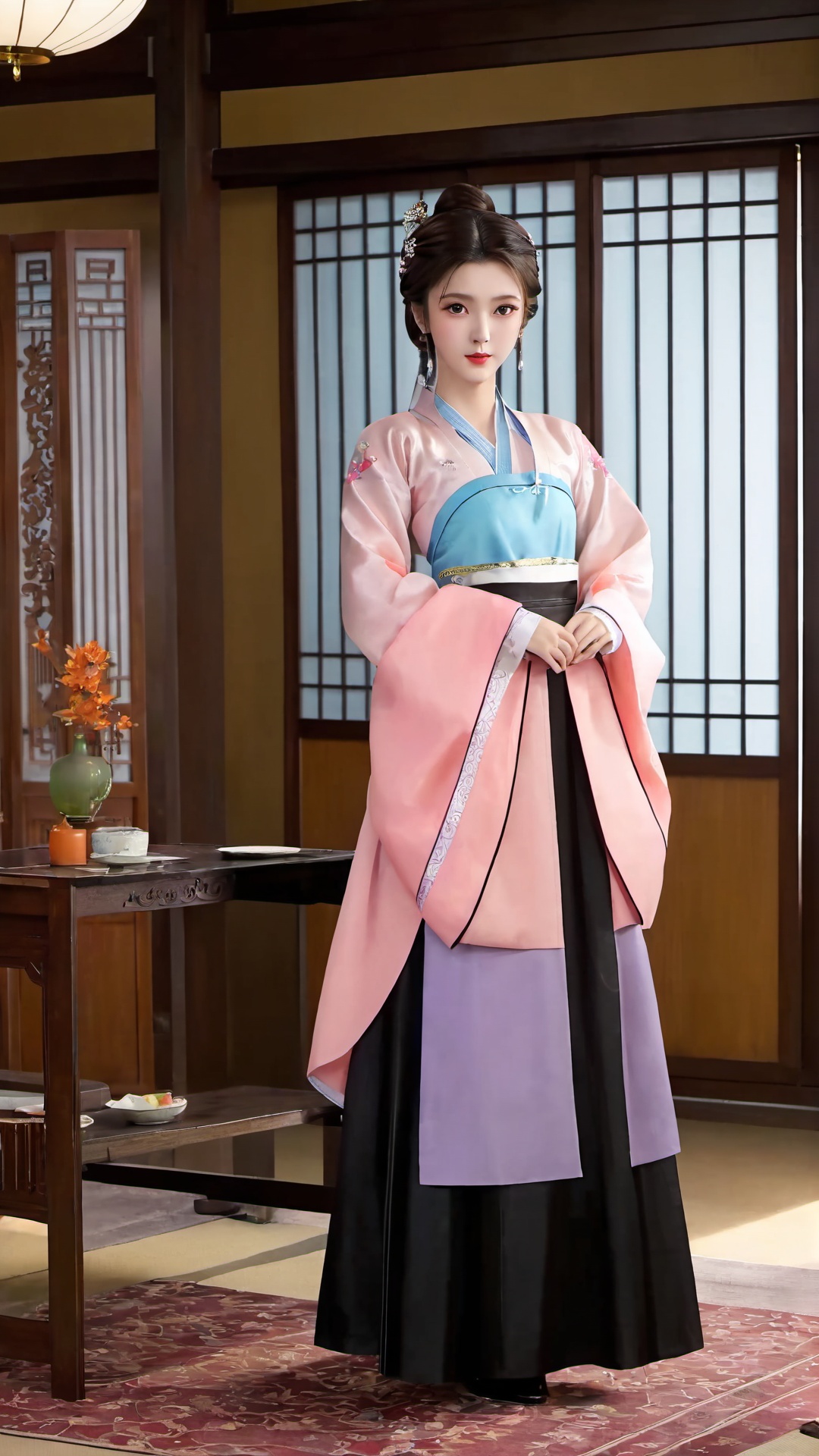 1girl,solo,hanbok,korean clothes,table,brown hair,full body,black footwear,dress,standing,single hair bun,indoors,looking at viewer,long sleeves,hair ornament,shoes,<lora:仙逆-王林-马良-李慕婉合一:0.73>,