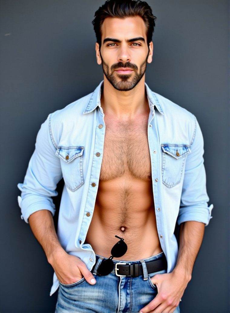 Nyle Dimarco ,  stands confidently in front of a dark gray wall. He wears a light denim shirt,  unbuttoned at the top on T...