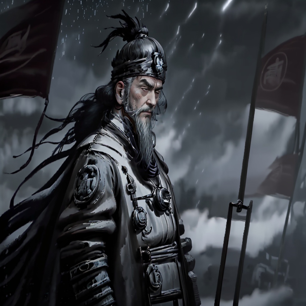 shuimo,<lora:**_v1.0:0.8>,old general,white beard and hair,night battle command,beacon flint continuous,steady gestures,starry night sky,dark blue gray tone,before the strategic map,the light of the wise,tripartite composition,close ups showcasing intelligence and bravery,