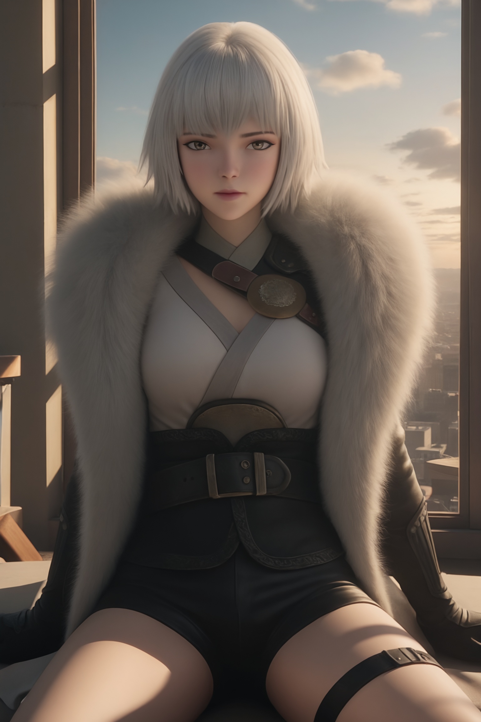 1girl,solo,sitting,window,frills,sky,cloud,indoors,cityscape,closed_mouth,sun,looking at viewer,<lora:灵笼-白月魁IL:0.7>,1girl,short,platinum white hair,a luxurious,fur-lined coat with a brown leather belt cinched at the waist,white blouse underneath,black leather shorts,black leather shorts,