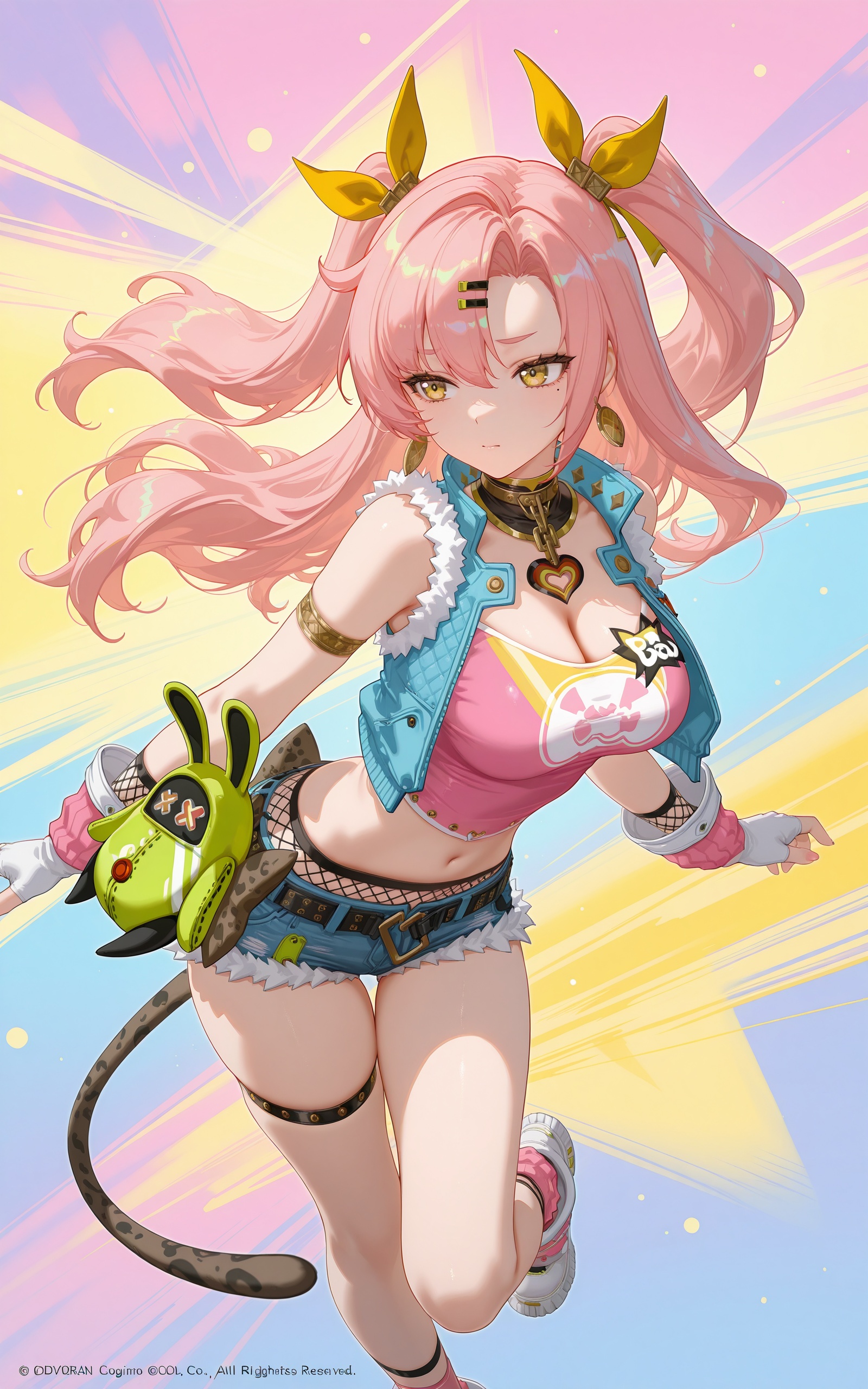 8k,best quality,masterpiece,(ultra-detailed),(high detailed skin),((artist:reoen),(artist:fuzichoco),(artist:atdan),(artist:torino_aqua),year 2024:0.8),[artist:wlop],[artist:ningen_mame],artist:ciloranko,[[artist:rhasta]],artist:tidsean,colorful,<lora:xl-ill Nicole Demarajiaoxiatianxin(zenless zone zero)-v1-000010>,Nicole Demara:jiaoxiatianxin\(zenless zone zero\),1girl,solo,pink hair,mole under eye,mole,long hair,hair ornament,yellow eyes,hair ribbon,ribbon,heart,breasts,large breasts,shorts,navel,gloves,fingerless gloves,midriff,crop top,socks,cutoffs,short shorts,denim shorts,Dynamic and visual impact,denim,belt,cleavage,mole,clothing cutout,two side up,color background,