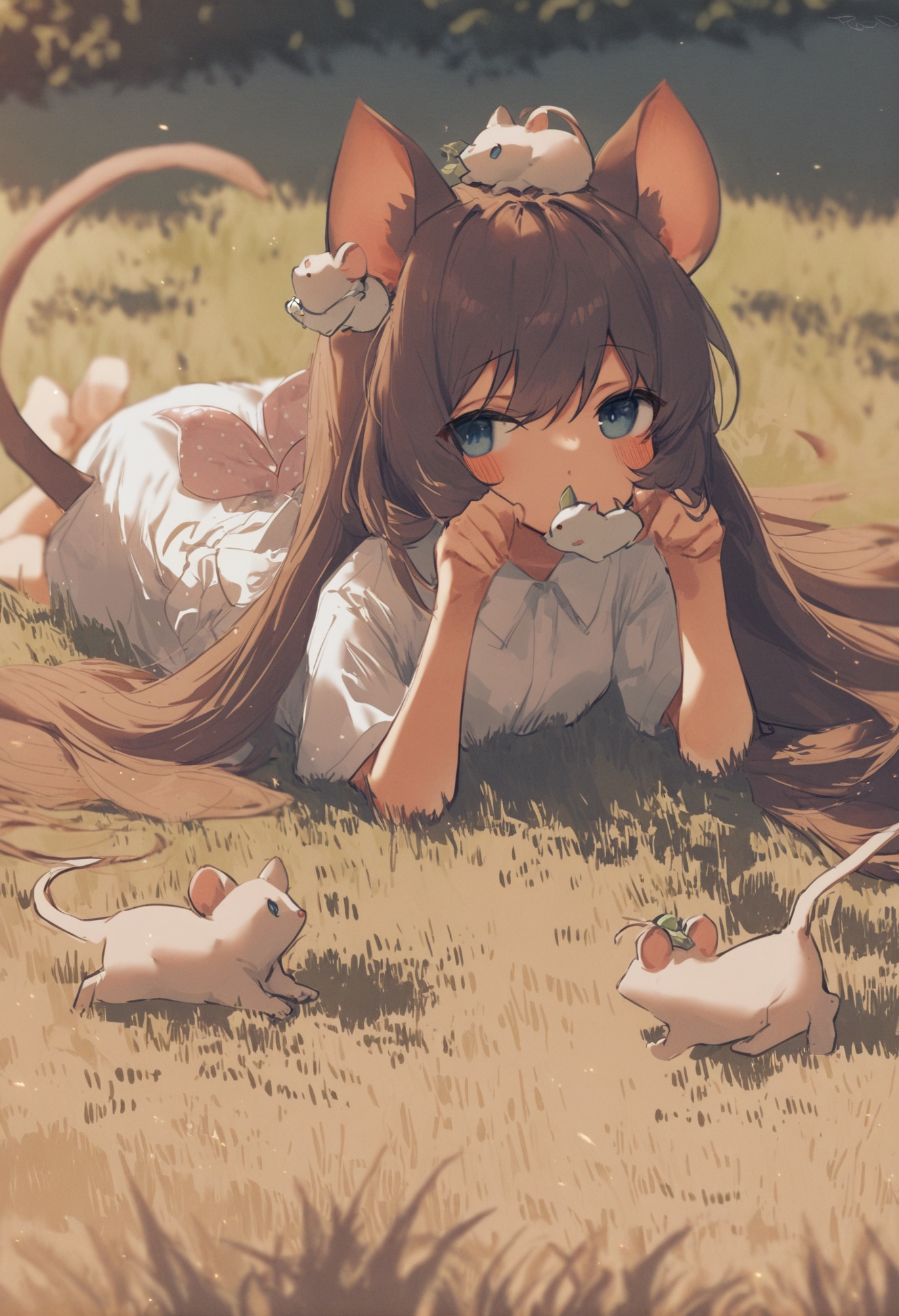 masterpiece, best quality,1girl, animal ears, solo, long hair, lying, cat ears, tail, on head, looking at viewer, holding, dress, barefoot, on stomach, bangs, blue eyes, short sleeves, animal on head, outdoors, cat tail, shirt, grass, brown hair, animal, white shirt, collared shirt, blush, white dress, covered mouth, very long hair, cat girl, mouse , <lora:potgXLlokr4f-000143:1>