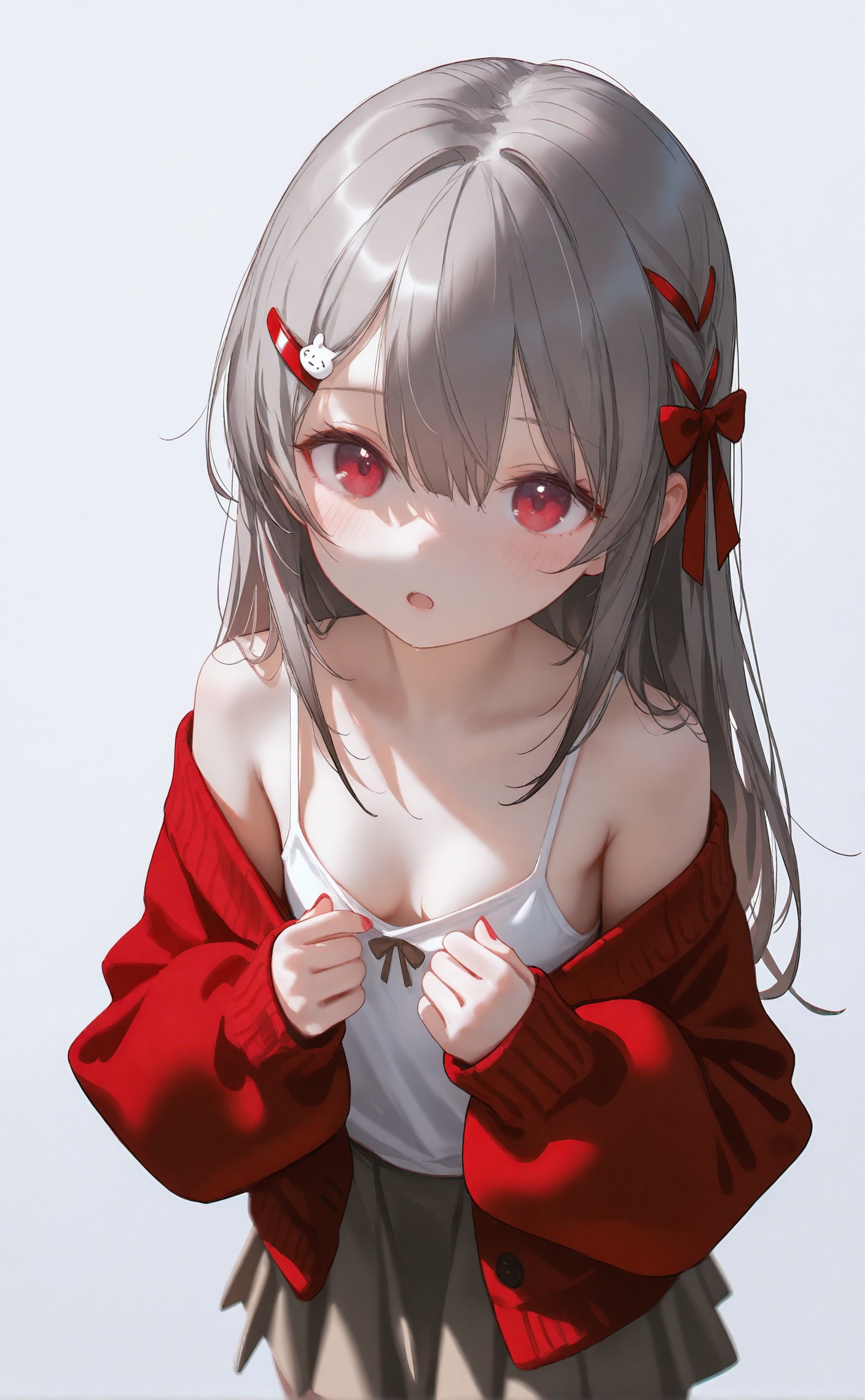 masterpiece,absurdres,best quality,high quality,chromatic_aberration,night,darkness,black theme,photorealistic,loli,loli,//,1girl,solo,simple background,sleeves past wrists,red nails,skirt,grey hair,hair ornament,blush,white background,looking at viewer,camisole,red sweater,pleated skirt,red cardigan,hairclip,hair ribbon,nail polish,bow,ribbon,long sleeves,off shoulder,red eyes,parted lips,long hair,breasts,red ribbon,hands up,bare shoulders,cleavage,collarbone,sweater,spaghetti strap,braid,hair between eyes,red jacket,brown skirt,jacket,grey background,small breasts,puffy long sleeves,open clothes,artist name,sleeveless,puffy sleeves,:o,brown bow,brown hair,twitter username,cardigan,open mouth,hair bow,red bow,ribbon braid,<lora:Nano_amei5up:0.8>,
