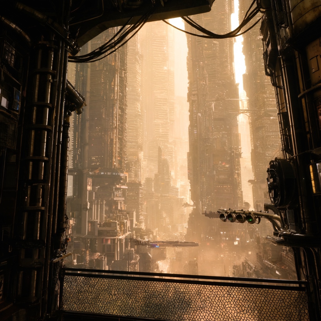 This 3D realistic wide shot captures an atmospheric view of a sprawling Cyberpunk City reminiscent of the dense,  vertical...