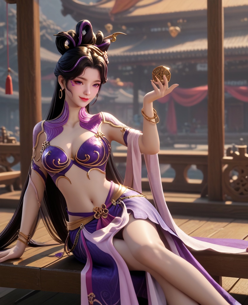 (oriental architecture, elegant decor, sophisticated style:1.1),(Sitting on a swing with a smile,:1.1),(breasts:1.2),<lora:XL16牧神记付磬允:0.95>,miss fuqingyun,purple belly dance bra,purple tiered high-low skirt with train,purple eyes,facial mark,black hair,streaked hair,looped bun with tresses,very long hair,hair ornament,jewelry,hagoromo,bracelet,, score_9,score_8_up,score_7_up,score_6_up,score_5_up,score_4_up,3d rendering,tag1,tag2, Cinematic Lighting,backlighting,