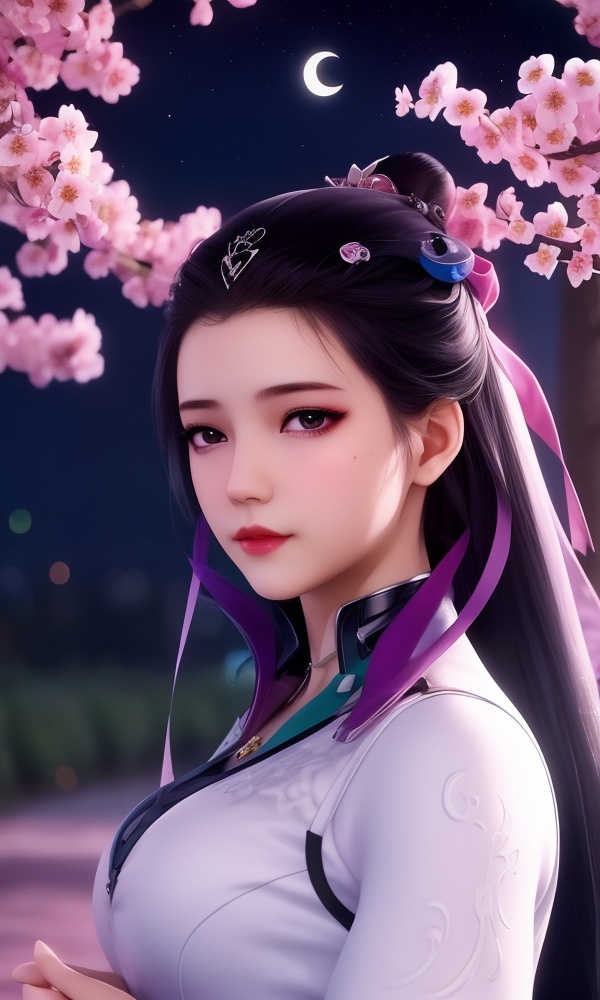 (,1girl, ,best quality, ),looking at viewer, <lora:409-DA-师兄啊师兄-皖江雨:0.8> ,, ,masterpiece,(( , )),, realistic,science fiction,mole,,ultra realistic 8k cg,     ,cherry blossoms,,night, night sky, crescent moon, moonlight,,(facing viewer, looking at viewer, , ),  (()), (),