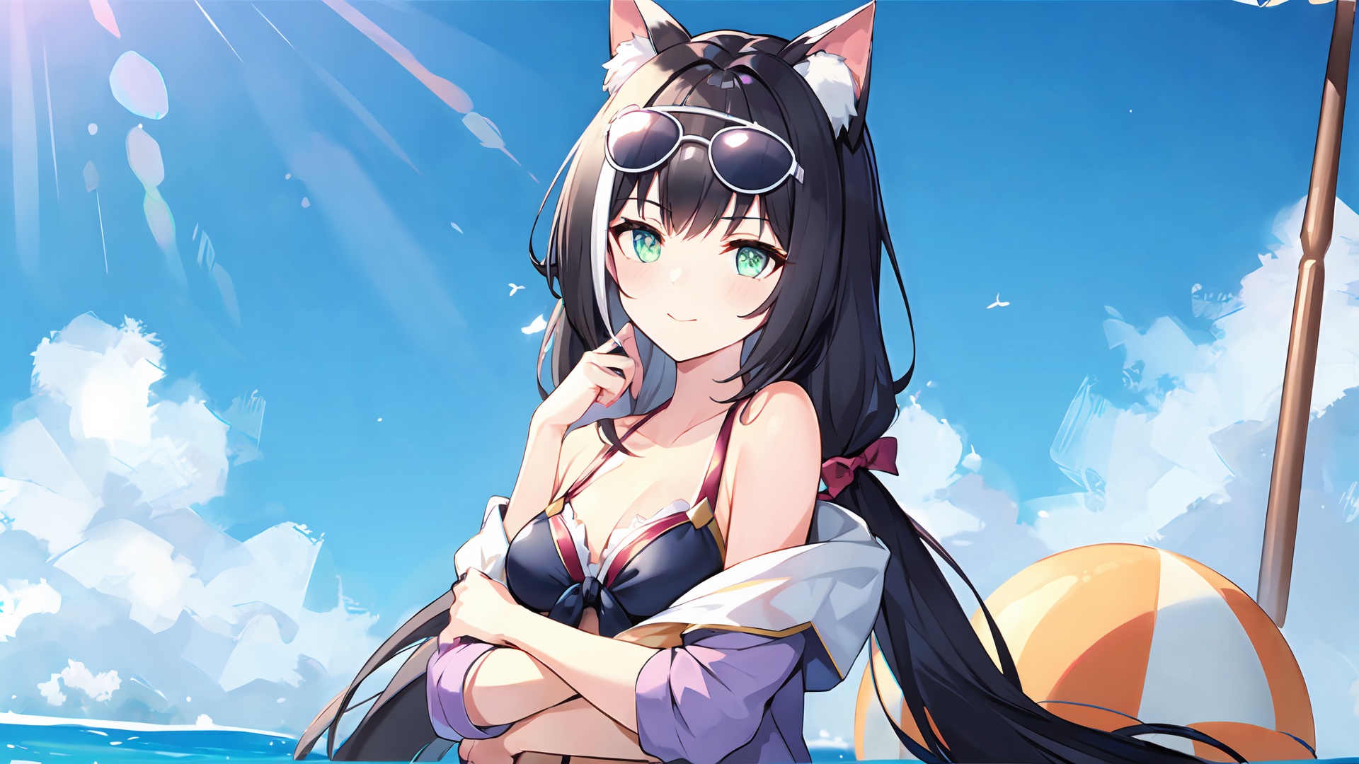 a girl,<lora:jmai_20240614120426-000007:0.7>,outdoors,beach,sunglasses,fake animal ears,upper_body,