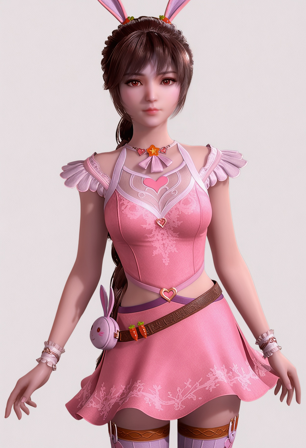 score_9,high detail,best quality,shiny skin,shiny,xiaowuqn,1girl,solo,brown eyes,brown hair,ponytail,rabbit ears,long hair,pink dress,dress,white background,realistic,simple background,hair ornament,closed mouth,jewelry,heart,breasts,pink skirt,belt,thighhighs,looking at viewer,thighs,<lora:QQSponyxiaowuqnV1:0.8>,<lora:Pony_DetailV2.0:0.8>,<lora:皮肤凹痕:0.1>,