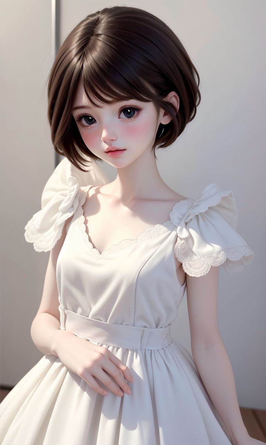 (Masterpiece:1.2), (best quality:1.2), (ultra high resolution:1.2), 1girl, solo, short hair, looking at viewer, brown hair, white dress, black eyes, upper body, simple background, <lora:doll:0.5>