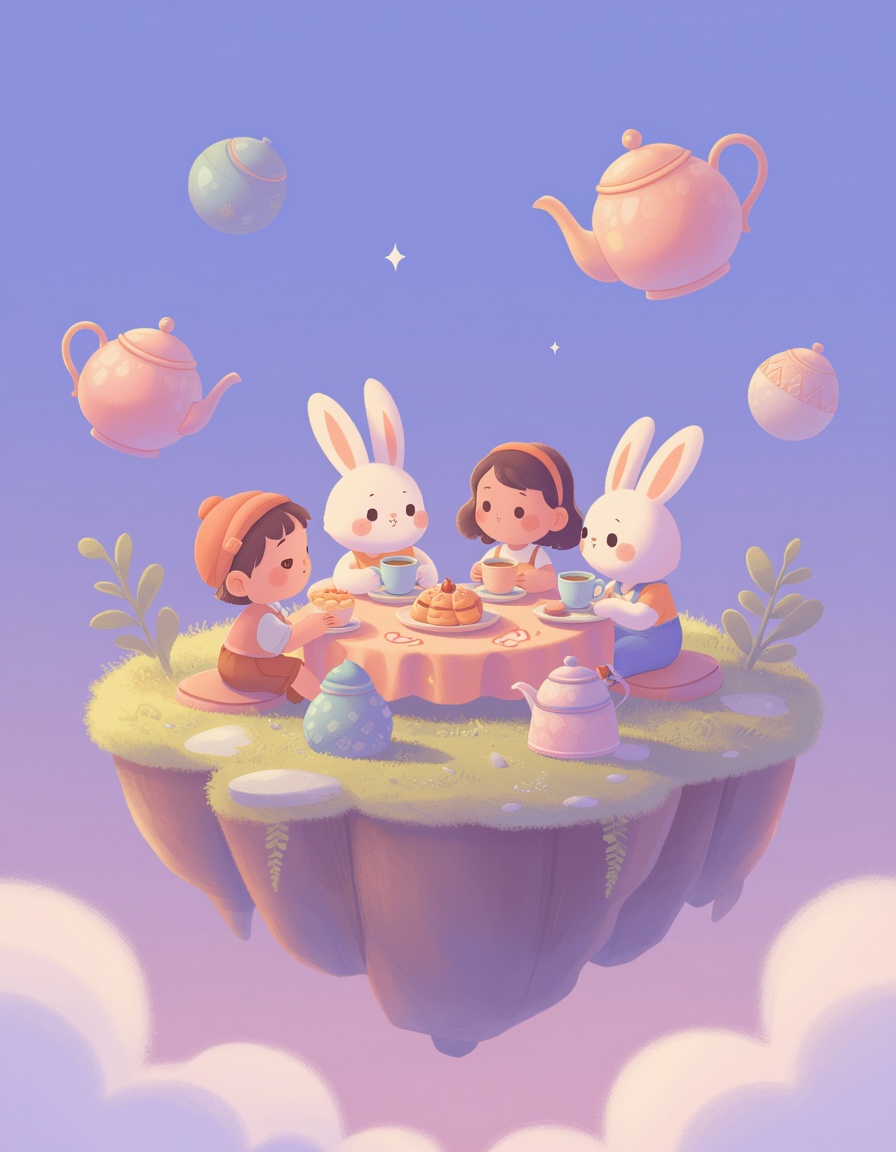 "Digital art painting,  dreamy and fantastical,  children and anthropomorphic rabbits having a tea party on a floating isl...