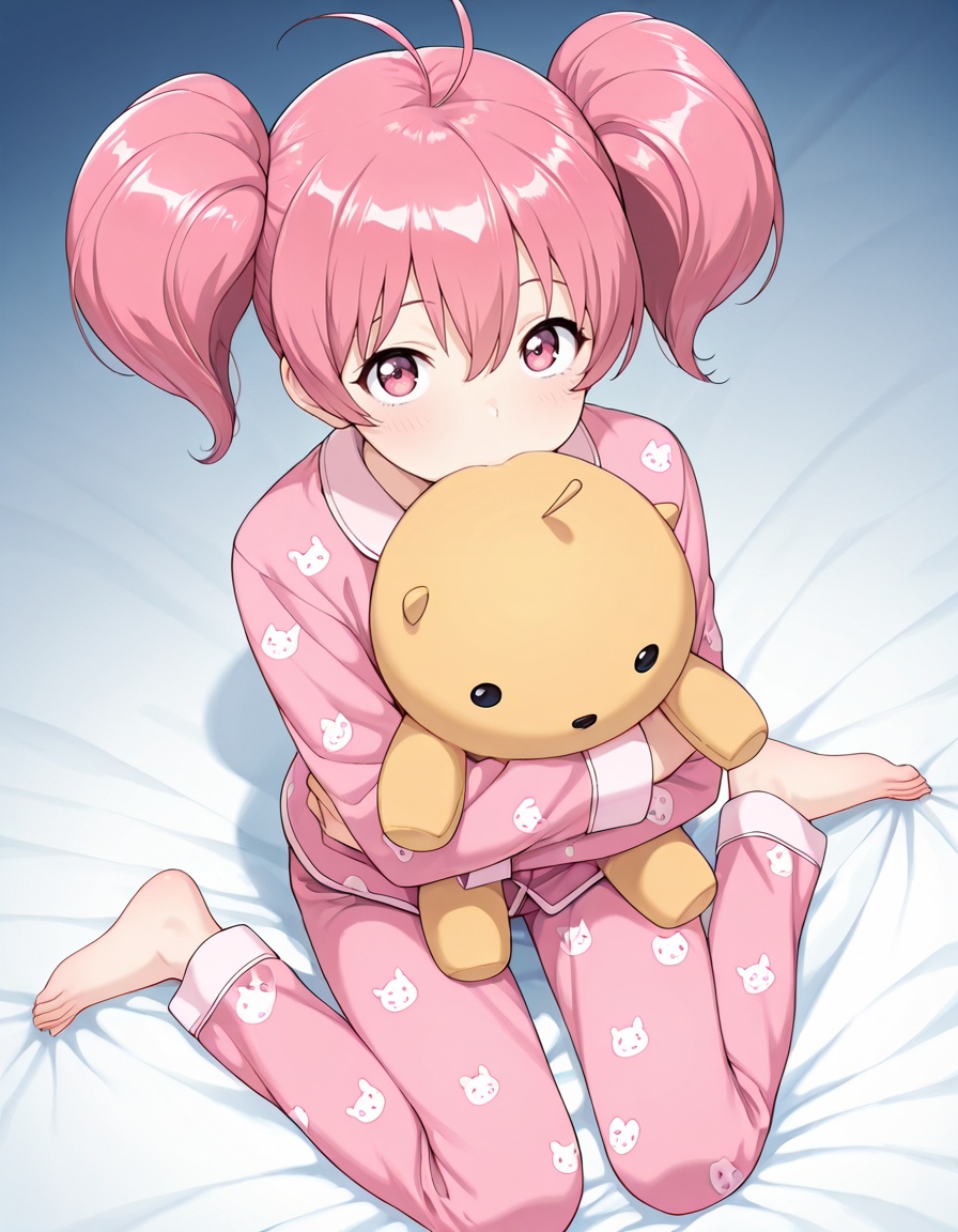 masterpiece, best quality, amazing quality, gradient background,1girl, looking at viewer, indoors, long sleeves, print pajamas, from above, hugging stuffed toy, <lora:megumi_minami-tantei_gakuen_q_s1-v2-ixl-anime-soralz:1>, megumi minami (tantei gakuen q), short hair, twintails, antenna hair, pink hair, hair between eyes, pink eyes,bed pajamas, long pants, wariza,
