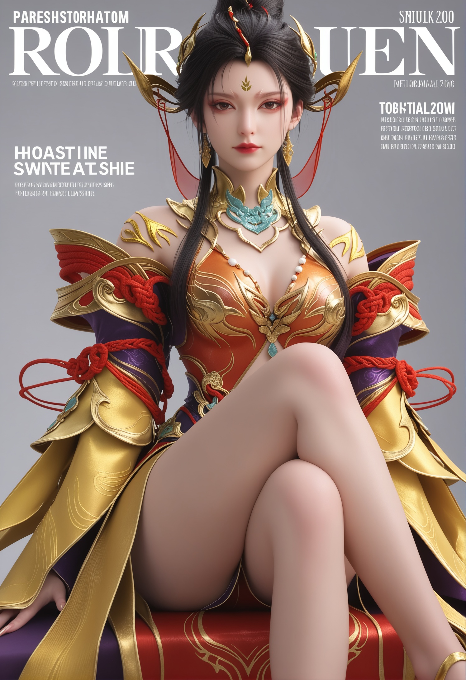 score_9,score_8_up,score_7_up,1girl,solo,realistic,(magazine cover theme:1.05),(looking at viewer:1.1),sitting,(crossed_legs:1.3),1girl,solo,realistic,dress,chinese clothes,red dress,yellow dress,silk,red ribbon,gold trim,armor,long sleeves,detached sleeves,clothing cutout,1girl,solo,realistic,jewelry,hair stick,hair ribbon,hair ornament,earrings,breastplate,metal collar,bracelet,1girl,solo,realistic,(mature face:1.2),big eye,pale_skin,shiny_skin,slender face,long hair,black hair,hair bun,brown eyes,forehead mark,facial mark,eyelashes,eyeliner,makeup,red flower,red eyeshadow,lipstick,bare shoulders,closed mouth,realistic,(white_background:1.2),solid background,simple background,medium breasts,<lora:小巳-南宫瑾pony:0.85>,