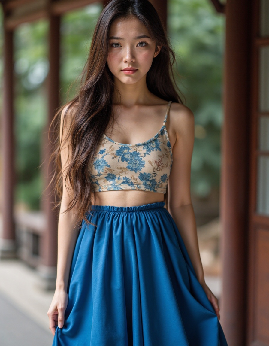 HDR photo, High dynamic range, realistic, teenage, A woman with long hair and brown eyes, wearing a blue chinese skirt, full body,