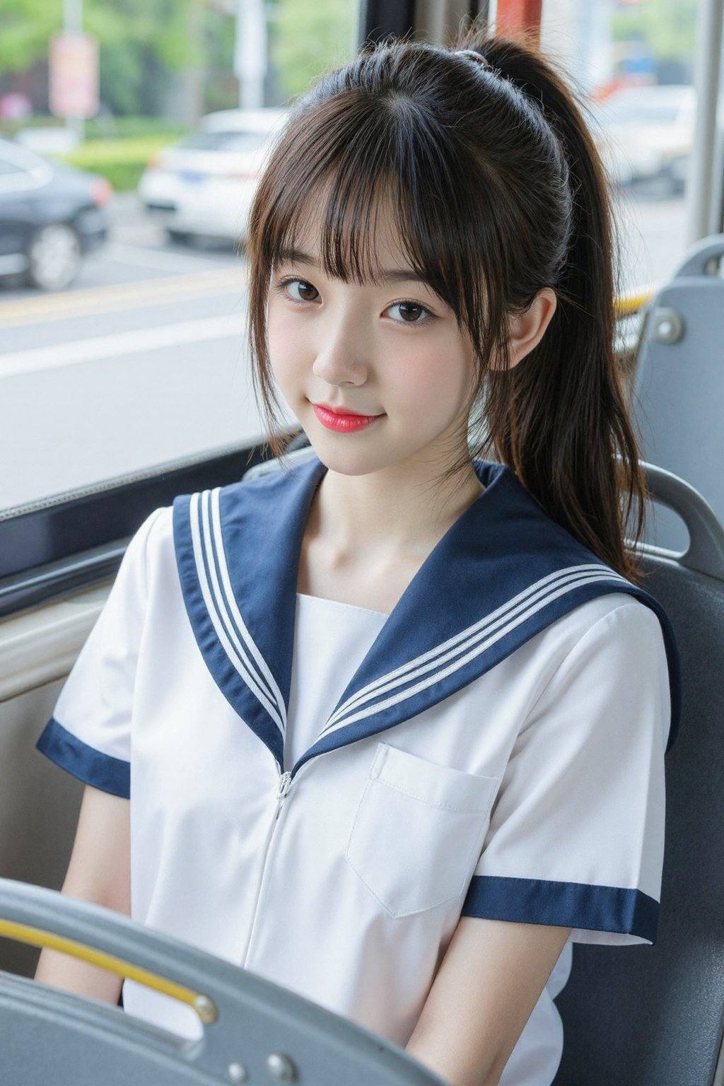 This is a photograph of a young Asian woman with fair skin,  sitting in a bus. She has long,  dark hair tied in a ponytail...