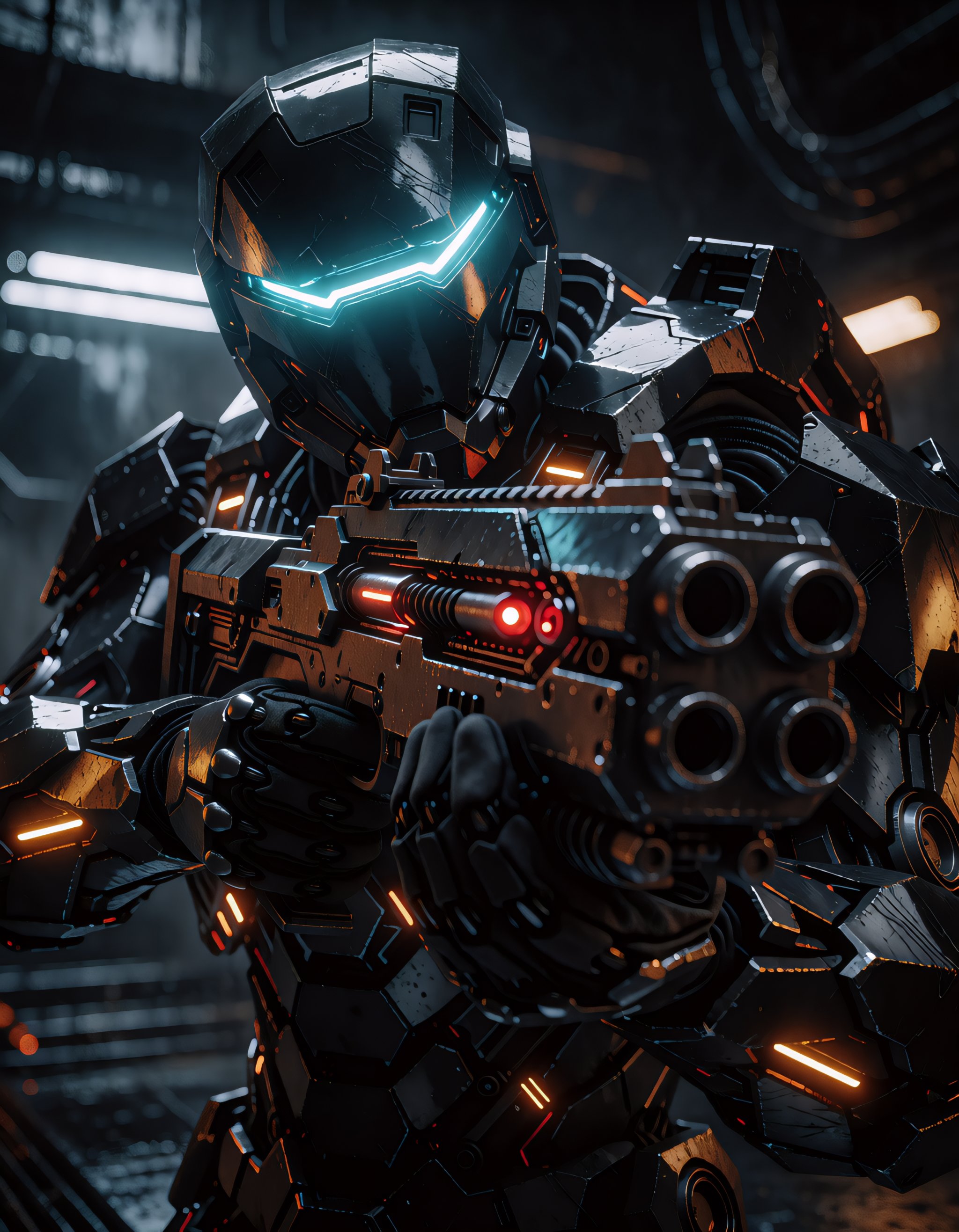 skynet dark,  highly detailed cinematic photorealistic shoot of A fully armored black combat soldier fills a tight medium...