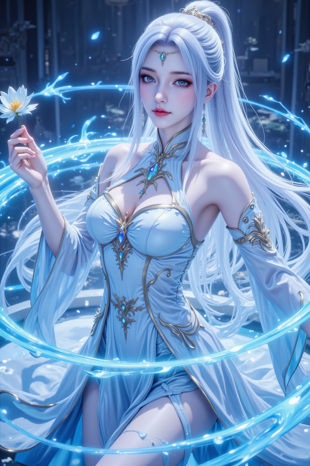 <lora:绚丽多彩·优化9:0.8>,lvjing,1girl,long hair,white hair,navel,blue eyes,solo,flower,ponytail,detached sleeves,breasts,jewelry,holding,looking at viewer,dress,water,earrings,lotus,bare shoulders,circlet,34,