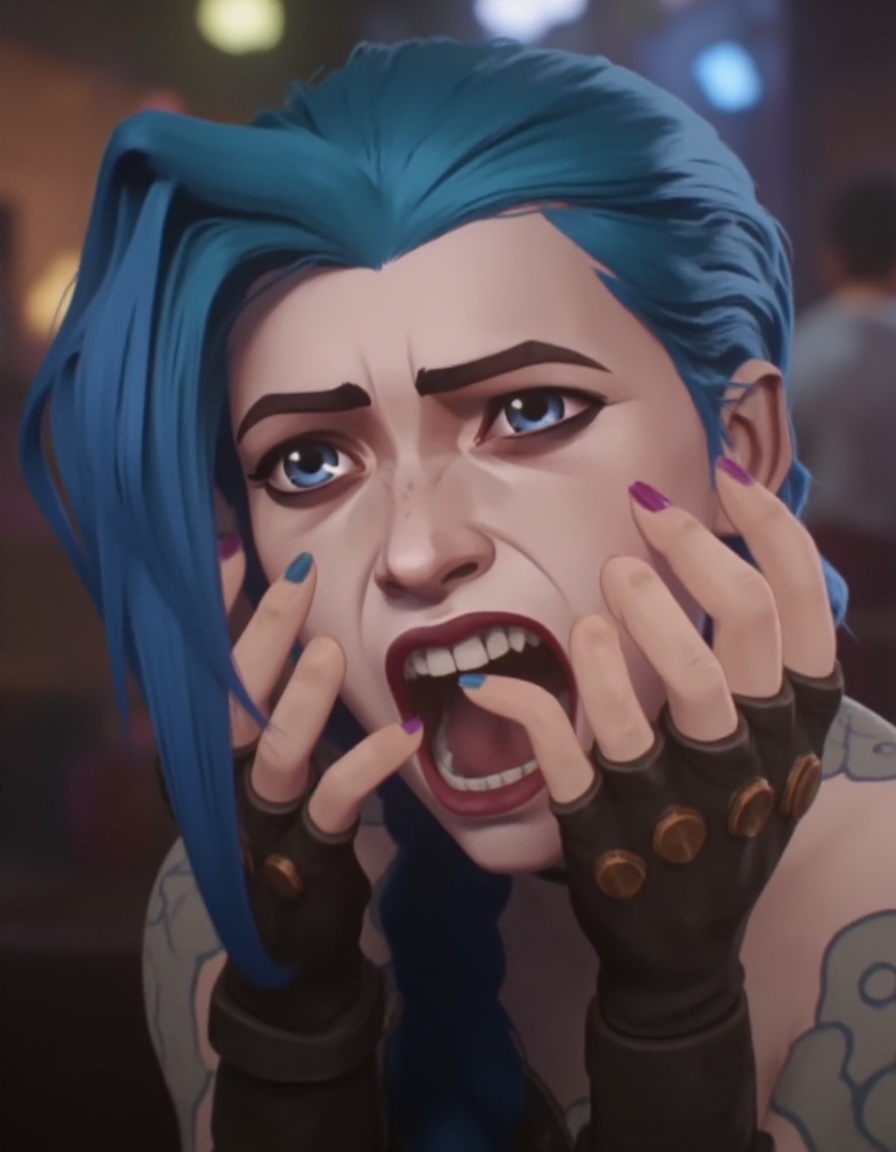 --prompt jinx,  a woman with blue hair and tattoos on her arm,  1girl on Tensor.Art