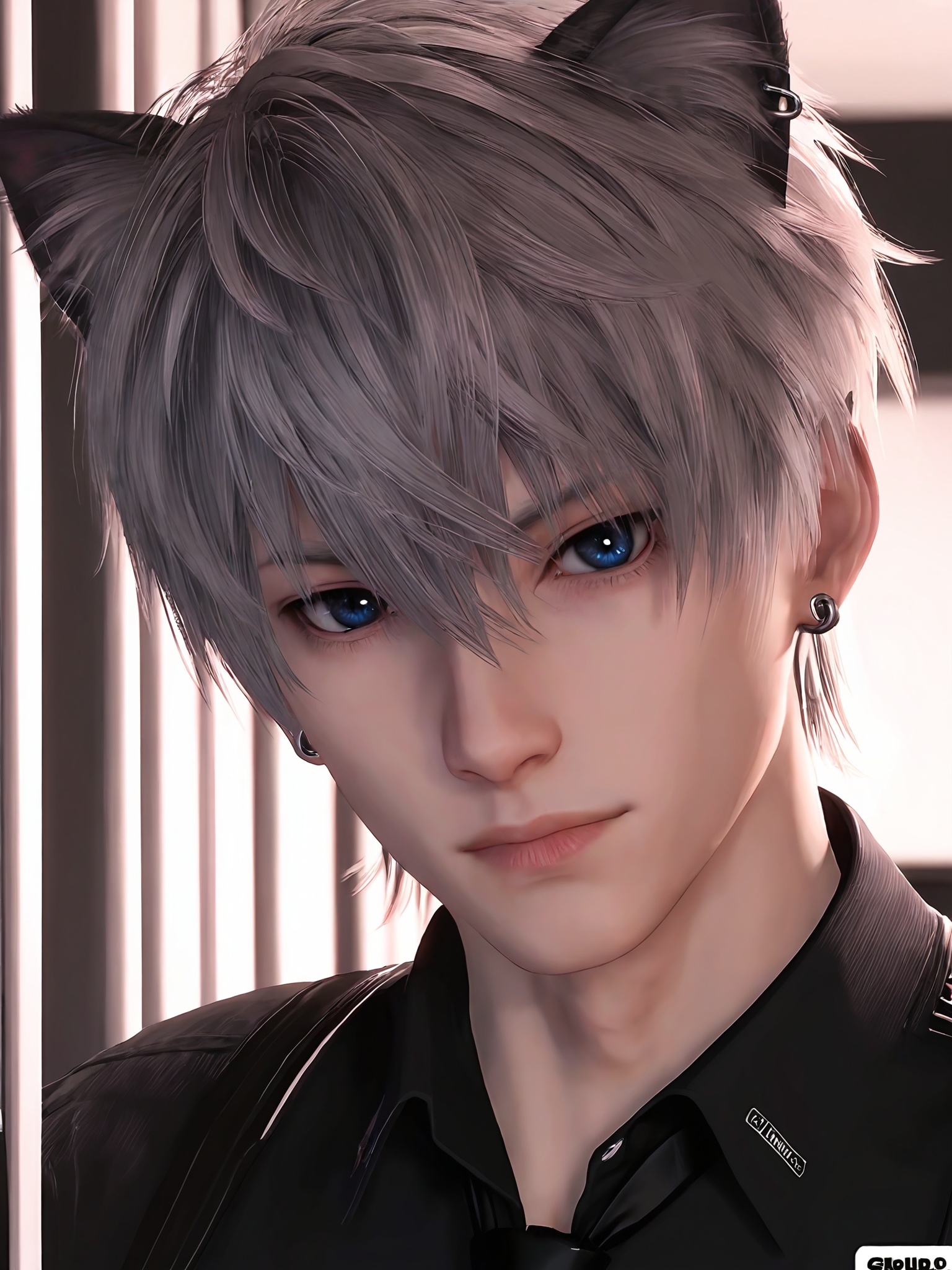 animal ears,1boy,male focus,solo,looking at viewer,necktie,shirt,earrings,cat ears,jewelry,blue eyes,collared shirt,bangs,closed mouth,ear piercing,hair between eyes,short hair,black necktie,artist name,black shirt,grey hair,piercing,upper body,lips,white hair,cowboy_shot,<lora:3.9沈星回:0.7>,, score_9,score_8_up,score_7_up,source_anime,