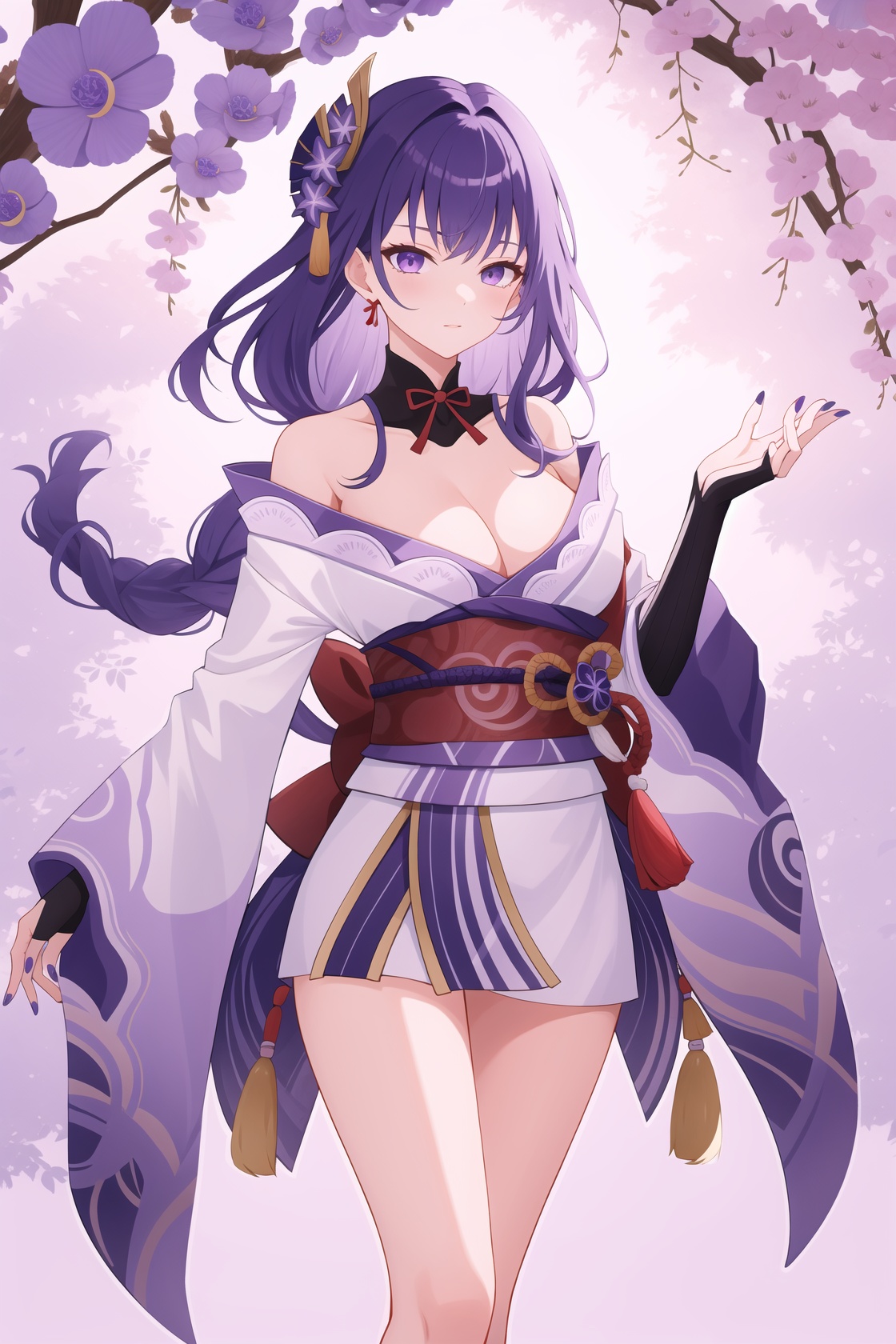<lora:雷军v2-000009:0.8:lbw=char>,1girl,raiden shogun,cleavage,thighs,long sleeves,obi,bridal gauntlets,purple kimono,purple flower,high quality,purple nails,tassel,, (masterpiece,best quality:1.2),absurdres, high quality,
