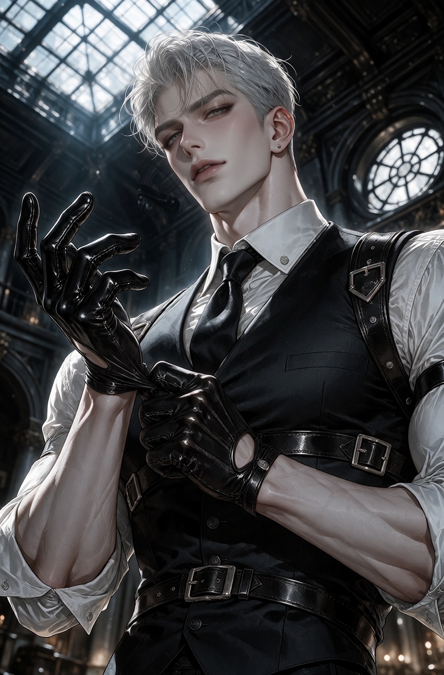 Polished manhwa-style illustration with fine,  clean ink linework,  soft cel-shaded skin with subtle gradients and glossy...