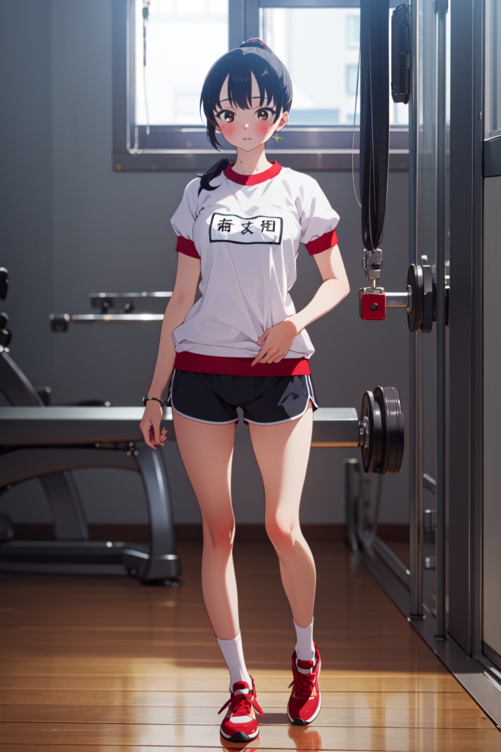 masterpiece,best quality,8k,ultra-detailed,1girl,solo,full body,looking at viewer,standing,<lora:lora-000007.by_tusi:0.8>,Anna_CYQL,(black hair,ponytail,long hair,brown eyes,blush,gym uniform,white shirt,gym shirt,short sleeves,shorts,name tag,white socks,shoes,),BREAKModern art museum, Galleries, Exhibitions, Contemporary art, Creativity,