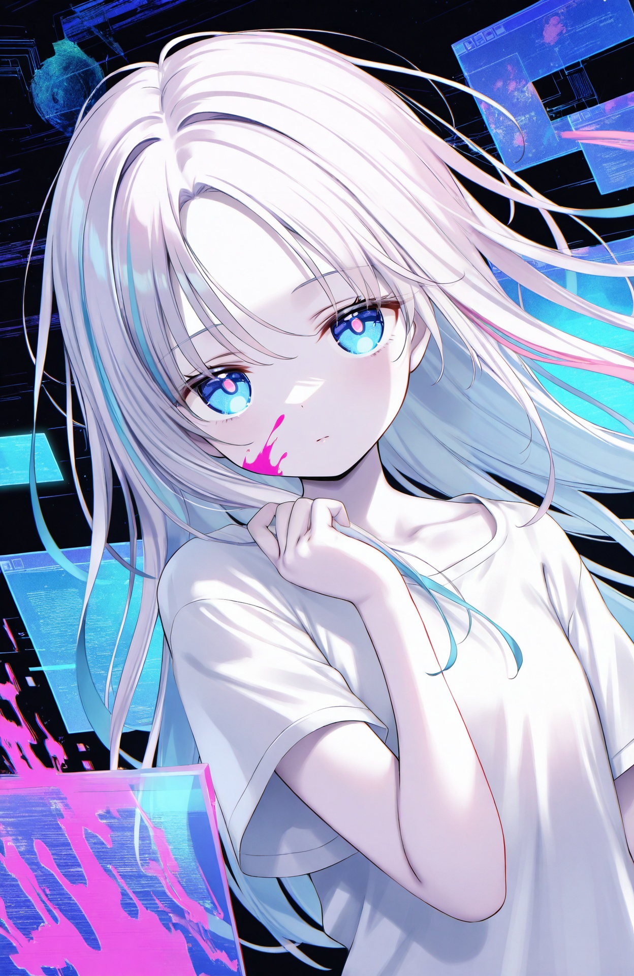 masterpiece,absurdres,best quality,loli,petite,high quality,chromatic_aberration,//,loli,1girl,solo,pink blood,blue eyes,upper body,white hair,long hair,shirt,multicolored hair,blue hair,looking at viewer,closed mouth,blood,floating hair,white shirt,holographic interface,hand up,colored skin,paint splatter,white skin,window (computing),liquid,paint splatter on face,holographic monitor,pink hair,short sleeves,parted bangs,hair intakes,long sleeves,blood on face,black background,expressionless,glitch,pink pupils,streaked hair,pale skin,//,
