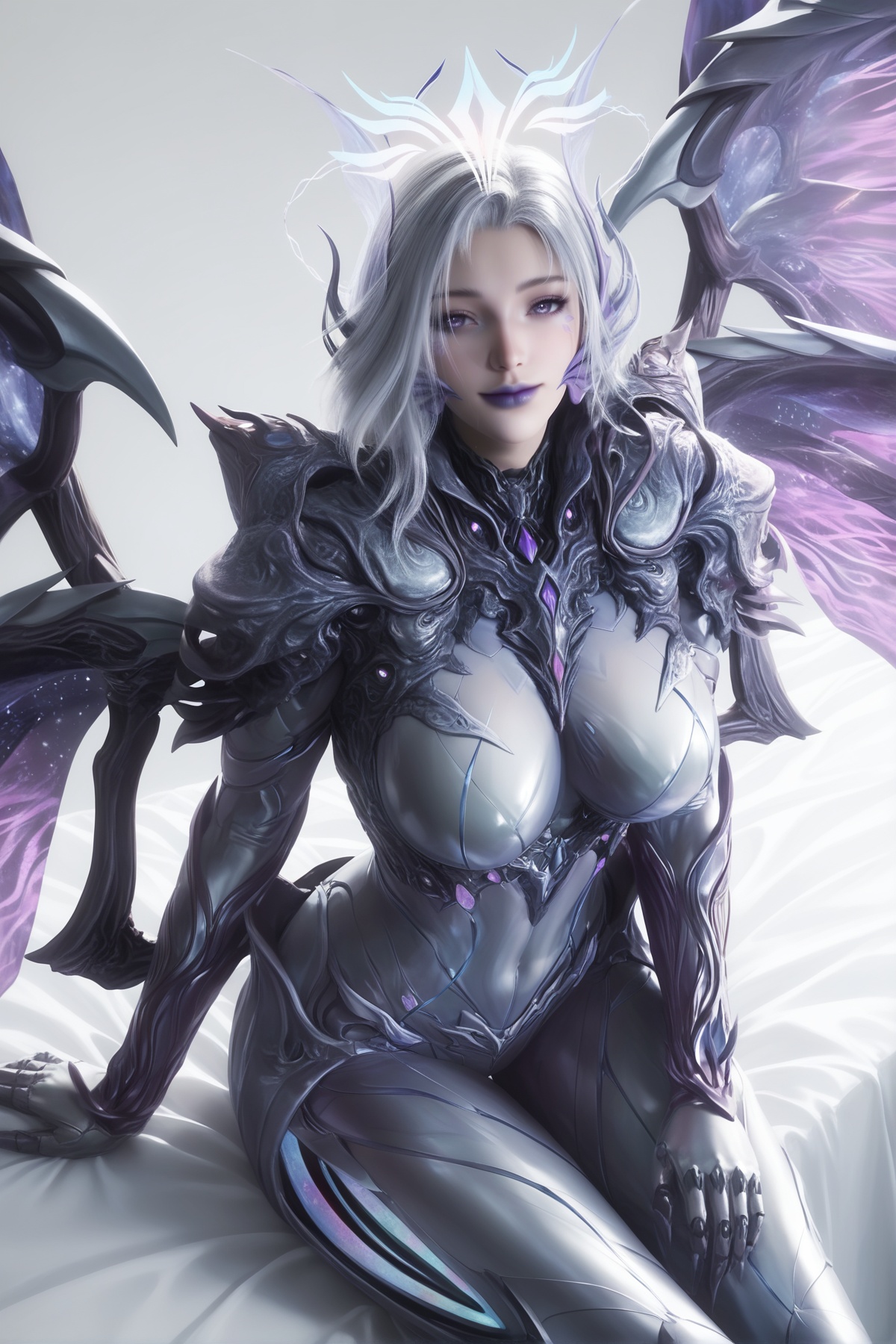 masterpiece,best quality,realistic,cinematic,detail eyes,(ultra-detailed),perfect composition,intricate details,absurdres,detailed face,high quality,high res,8K,<lora:X_nancheng_IL3.0:0.8>,grey hair,purple eyes,purple lips,facial mark,1girl,long hair,breast,big breasts,hair_ornament,bodysuit,wings,sitting,simple background,bed,