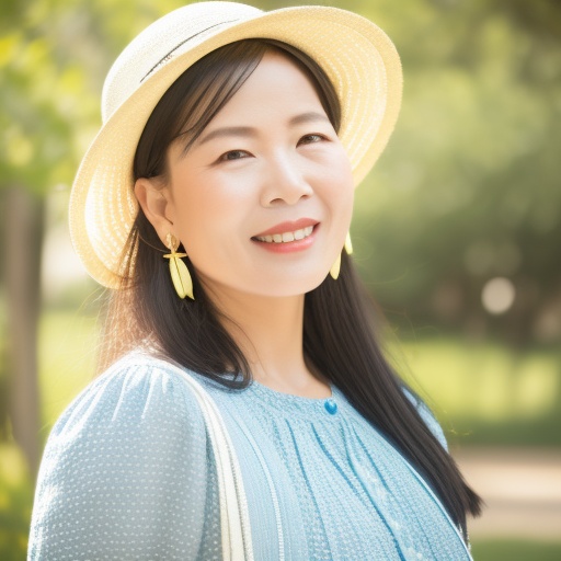 A girl,solo,40_years_old,sweet,black hair,Flower woven straw hat,blue dress,smile,Facing to viewer,highres,bust,headphones,earrings,hairband,jewelry,long hair,racket,