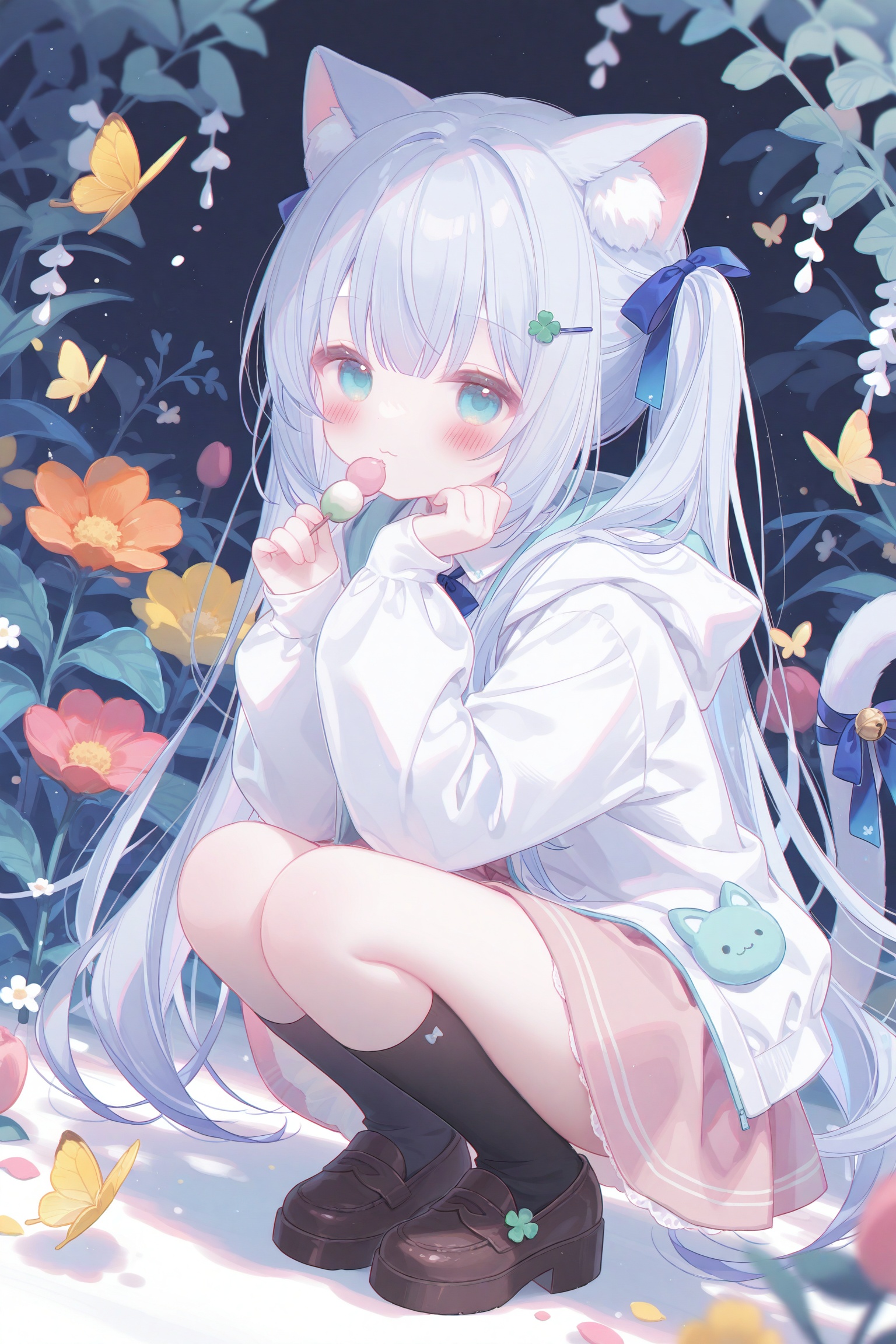 masterpiece,very aware,highres,absurdres,newest,best quality,loli,petite,high quality,chromatic_aberration,cinematic_angle,dutch angle,nyalia,//,umehara,//,1girl,wagashi,bug,food,butterfly,animal ears,dango,tail ornament,tail,sanshoku dango,solo,skirt,cat ears,cat tail,cat girl,tail bell,socks,clover,white shirt,bell,four-leaf clover,flower,jacket,hairclip,shirt,squatting,long hair,grey hair,white background,long sleeves,tail bow,black socks,white jacket,jingle bell,looking at viewer,open clothes,animal ear fluff,hair ornament,hood,holding,full body,holding food,simple background,fruit,strawberry,green eyes,bow,open jacket,tulip,hooded jacket,closed mouth,white flower,sleeves past wrists,pink flower,hood down,shoes,kneehighs,very long hair,pink skirt,blue bow,eating,puffy sleeves,brown footwear,puffy long sleeves,blush,ribbon,yellow butterfly,platform footwear,:3,hair bow,brown skirt,yellow flower,collared shirt,floral background,hands up,aqua eyes,virtual youtuber,dress shirt,blue eyes,orange flower,tail ribbon,red flower,frills,animal,