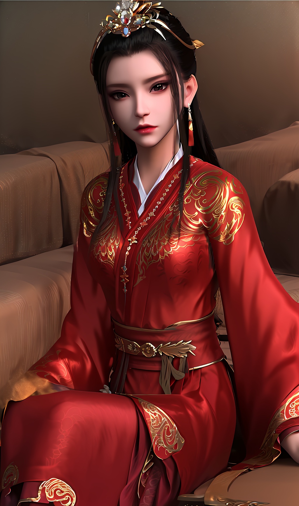 3D,masterpiece,(best quality),(makeup),official art, extremely detailed cg 8k wallpaper,((crystalstexture skin)), (extremely delicate and beautiful),(highly detailed),(1girl), (solo), (jewelry), (earrings),(white_hair),(long_hair),(hair_ornament),(handwear),(breasts),((sitting)),,(upper_body),(collar),(tiara),(crown),,(tassel),,(dress),,(multicolored_clothes),(closed_mouth)(long_sleeved),(gold_trim),((chinese_clothes),,(dress),(hanfu),(traditional_clothes)(sunshine, outdoor,bed),((looking_at_viewer)),((Facing the camera)),, <lora:hipoly3DModelLora_v10:0.3>