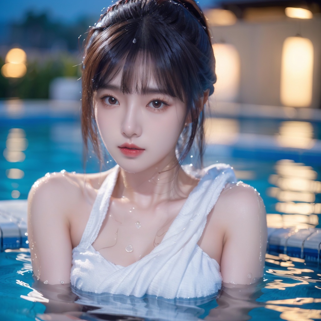 1girl,towel,partially submerged,breasts,brown eyes,lips,water,waves,wet,Pool,Red lips, close-up, water vapor, lighting, at night, <lora:20231109-1699510907344:0.6>